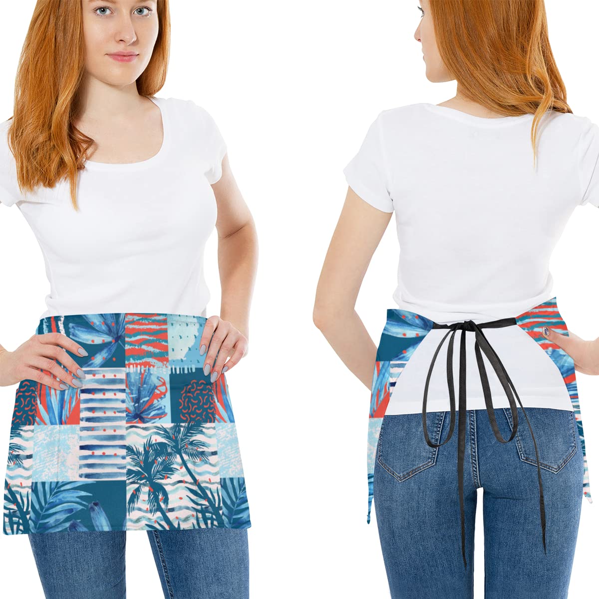 bisibuy Tropical Elements In Squares 3 Pack Server Aprons with 3 Pockets, Blue Waitress Waiter Wasit Apron for Women Men Restaurant Bistro Cafe Bars Half Aprons Waitress Server Accessories