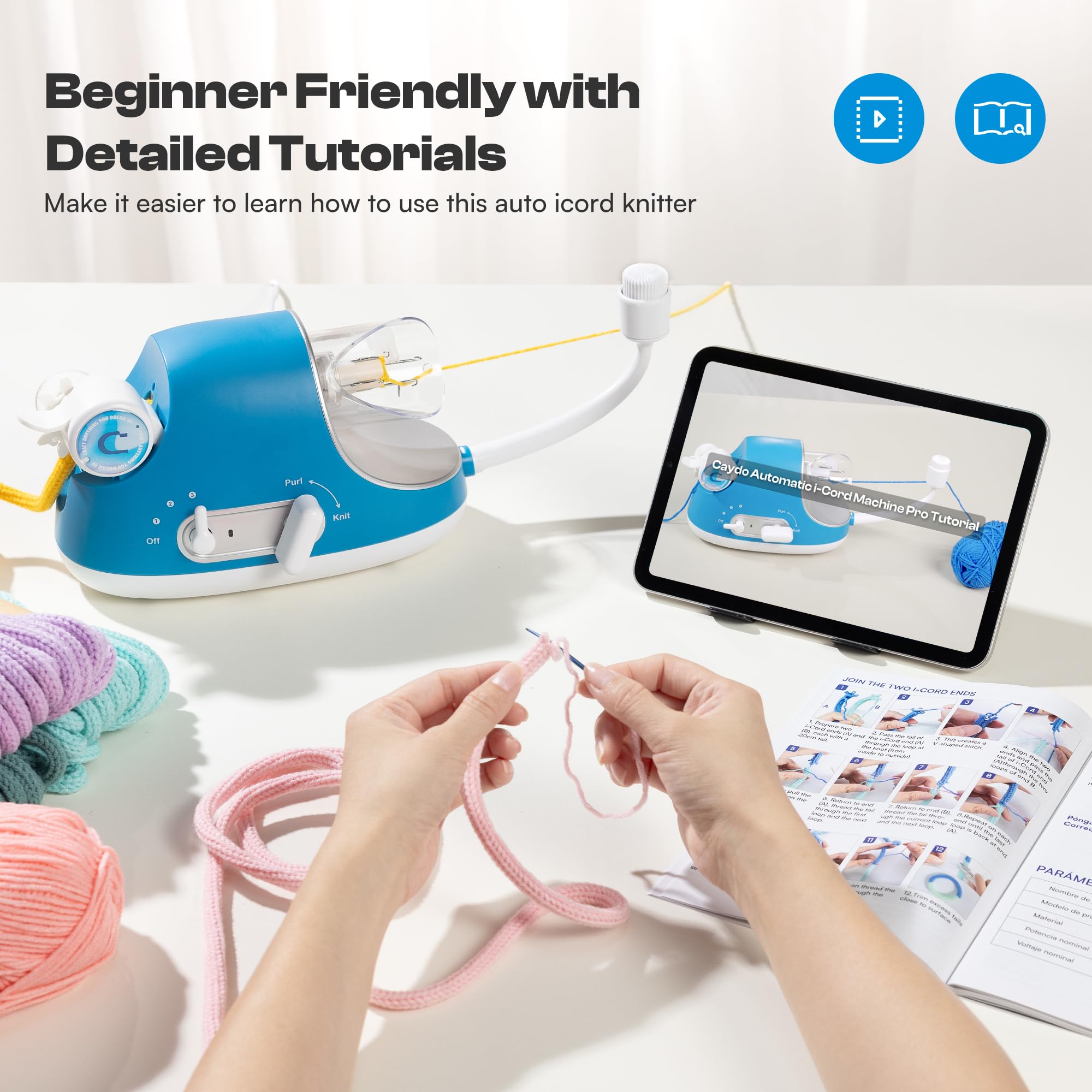 Caydo Tricotin Elettrico Pro, Macchina per Tricotin con Potente Regolabile a 3 Velocità, Macchina Tricotin Elettrica Creazione di iCord in Maglia Filo per Tricotin Automatico Strumento per Maglieria