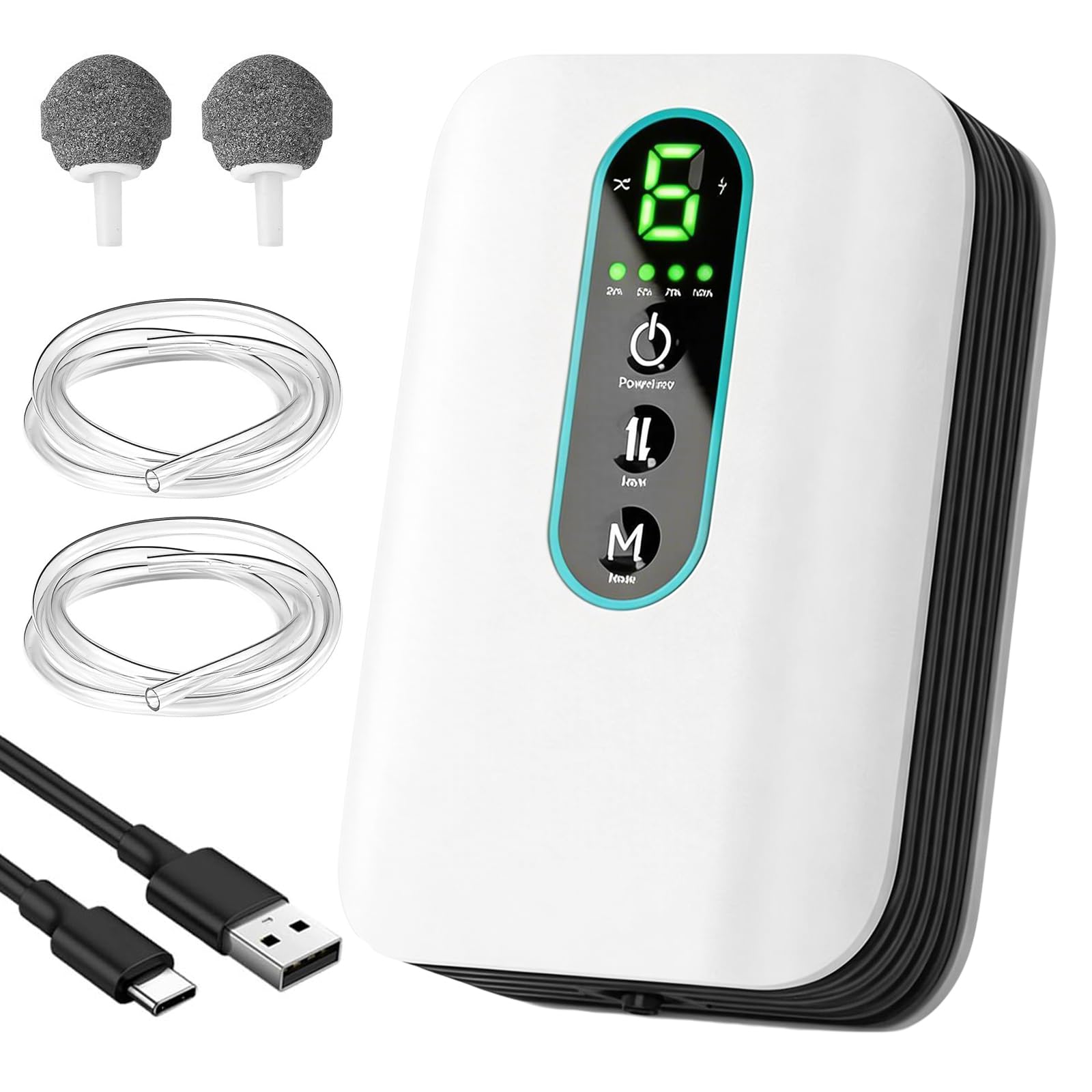 Pompe à air pour aquarium Behogan, pompe à oxygène rechargeable de 1,8 W avec 1 sortie, deux modes d'alimentation en oxygène, pompe à oxygène silencieuse pour aquariums, débit d'air réglable sur 6 niv