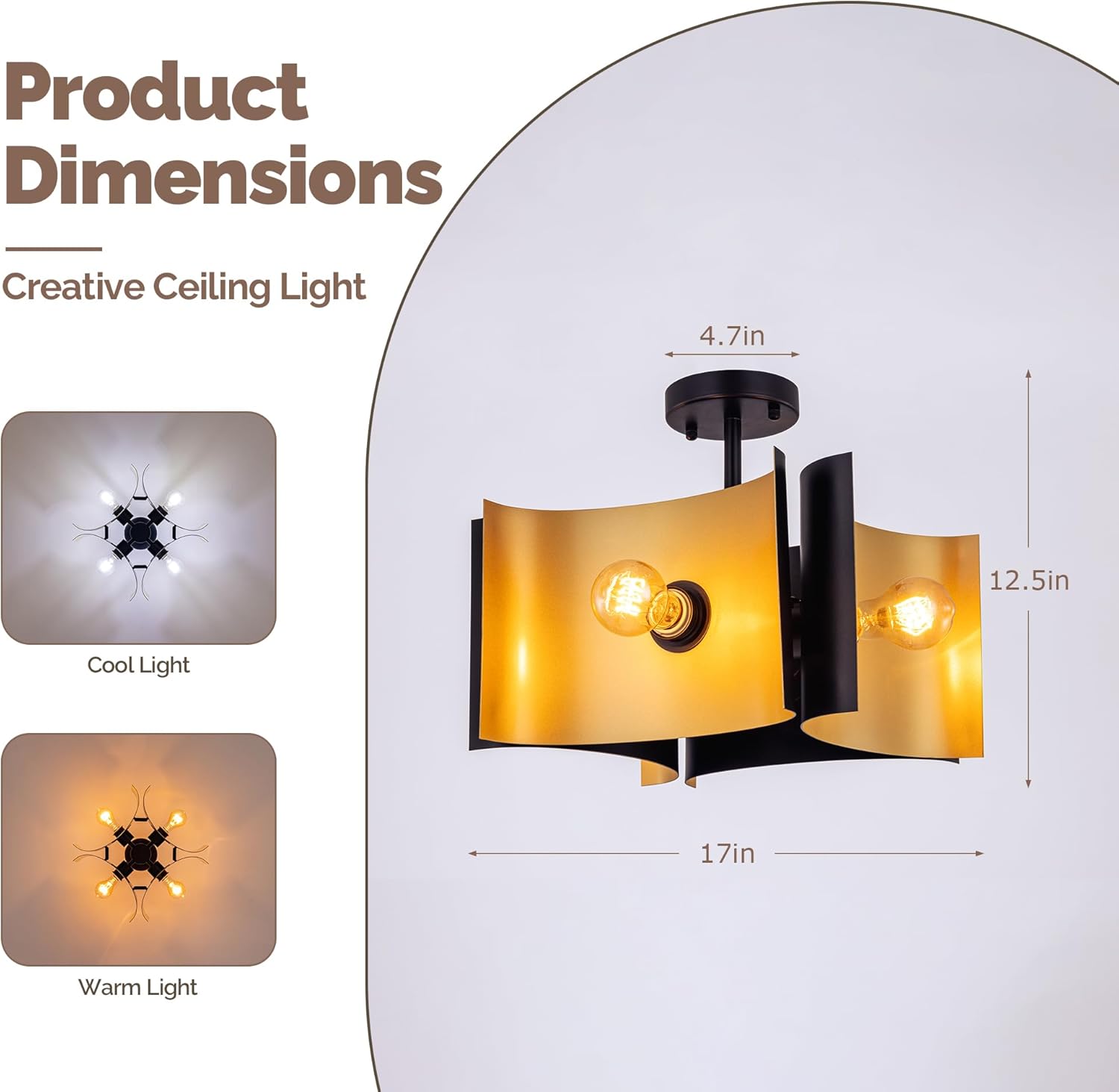 Tochic 4-Light Black Gold Semi Flush Mount Ceiling Light, 16.7" Farmhouse Ceiling Light Fixtures Modern Industrial Flush Mount Chandelier for Dining Living Room Entryway Hallway Foyer Bedroom Bathroom