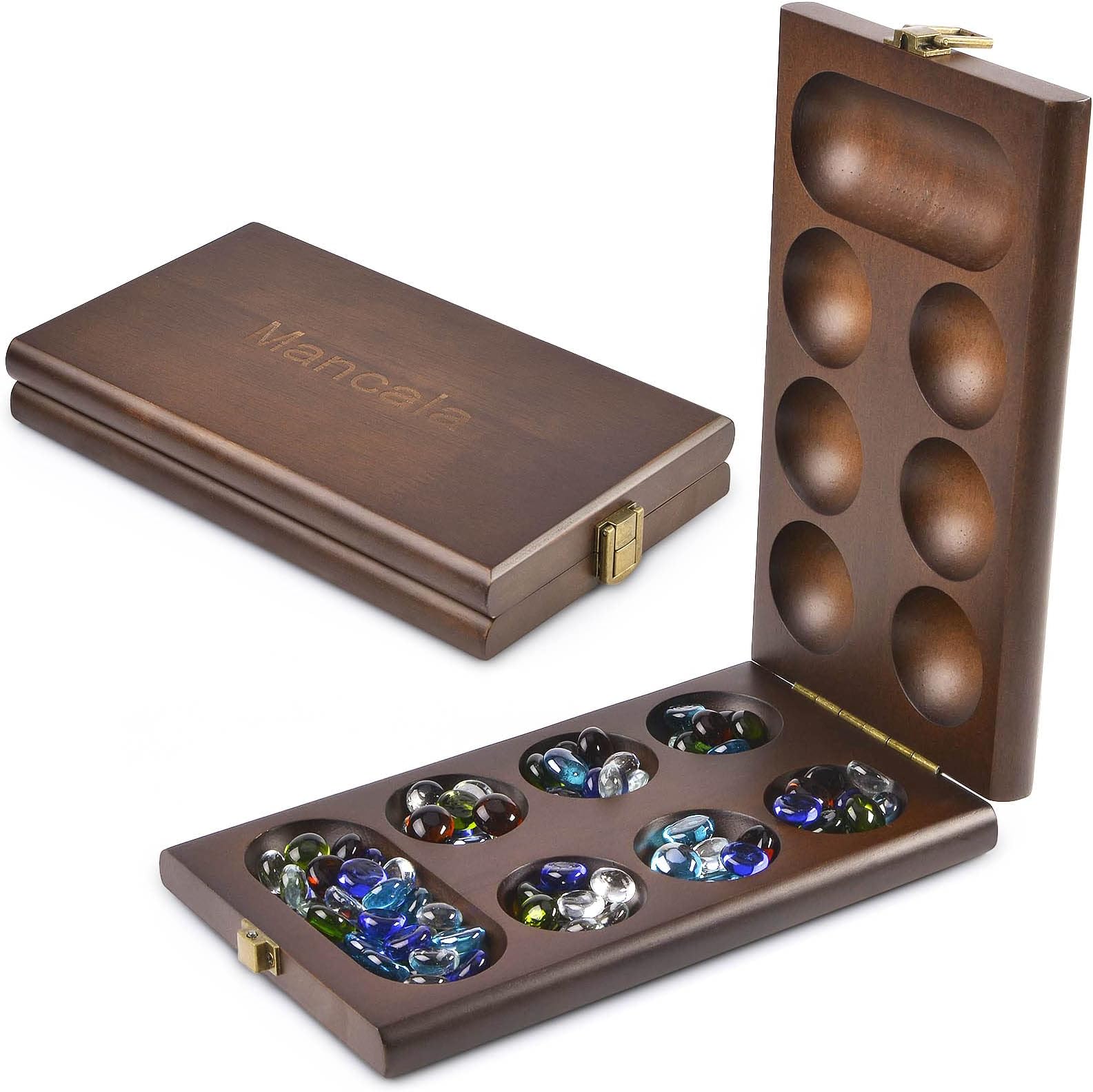 Wooden Mancala Board Game Set with 72+8 Bonus Multi Color Glass Stones - Folding Board - Mancala Instructions, Classic Family Board Game for Kids Adults, Tabletop Version