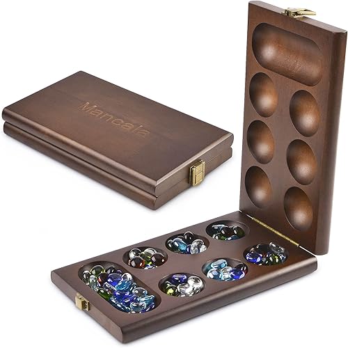 AMEROUS Juego de mesa de madera de Mancala con 72+8 piedras de cristal multicolor – Tabla plegable – Instrucciones de Mancala, juego de mesa clásico