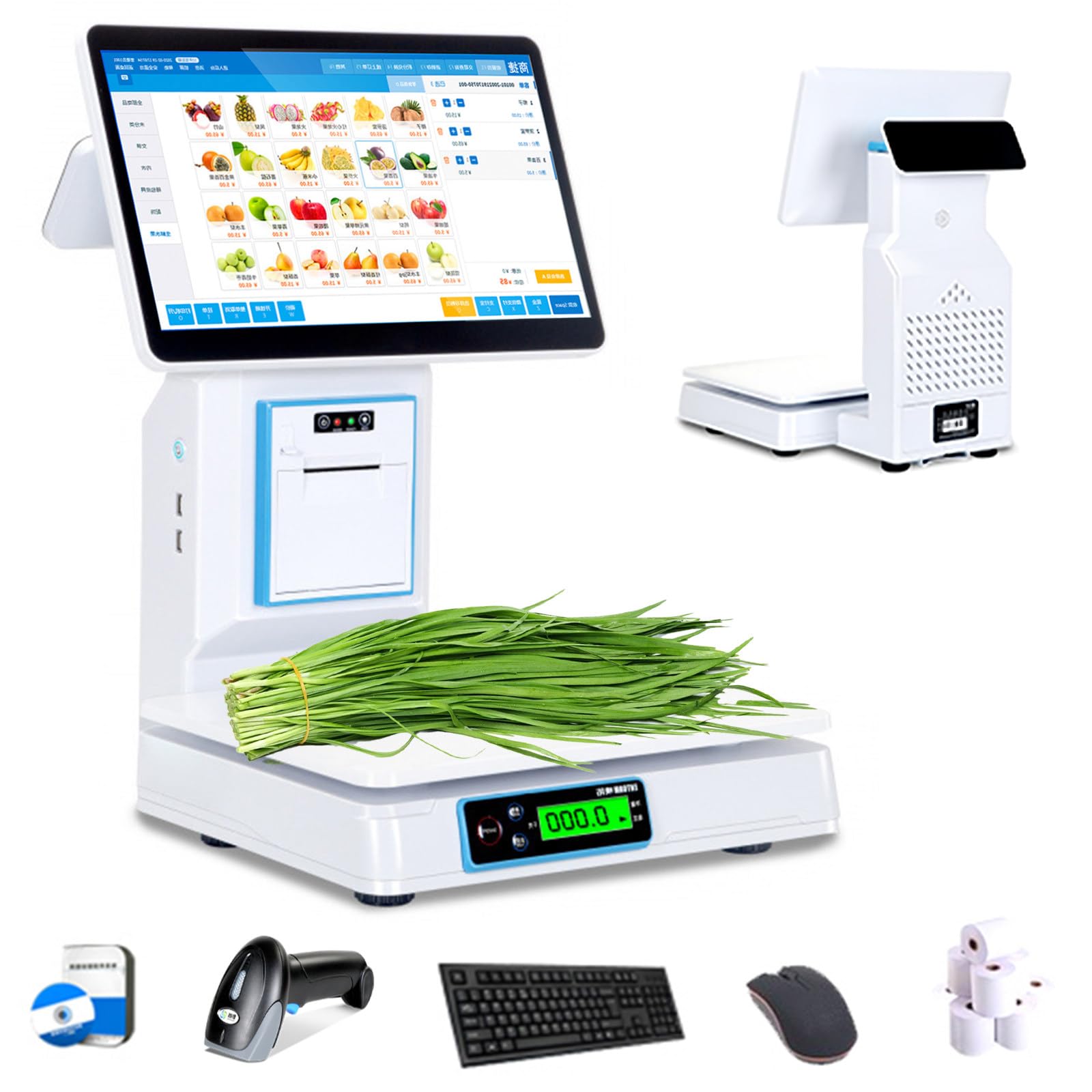 Caisse Enregistreuse Intelligente Tout-En-Un, Système De Point De Vente Avec Balance Intégrée, Écran Tactile Double De 15,6 Pouces, 8G RAM, 128G SSD, Pour Le Commerce De Détail Singlescreen