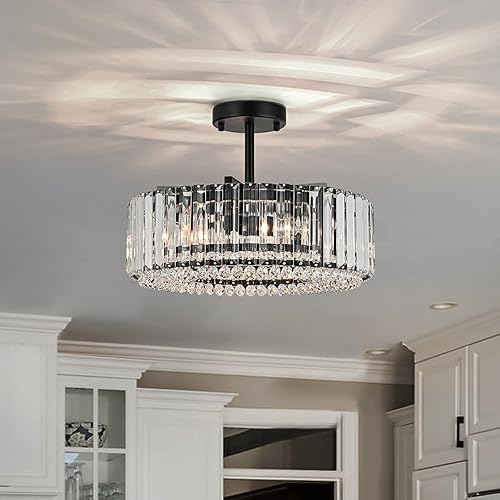 Miniatura 10 de Lingkai Moderno candelabro redondo de cristal, 19.7 pulgadas, 6 luces, lámpara colgante de cristal de lujo, bombilla E12, lámpara de techo