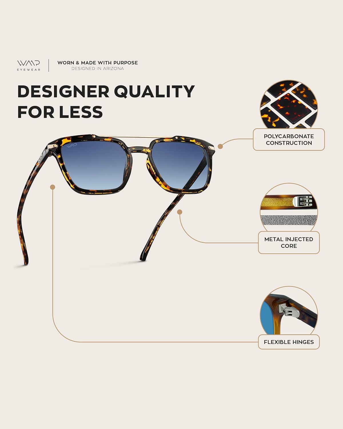 WearMe Pro WMP Eyewear - Modern Men's Square Aviator Sunglasses - Double Metal Bridge with Polarized Lens