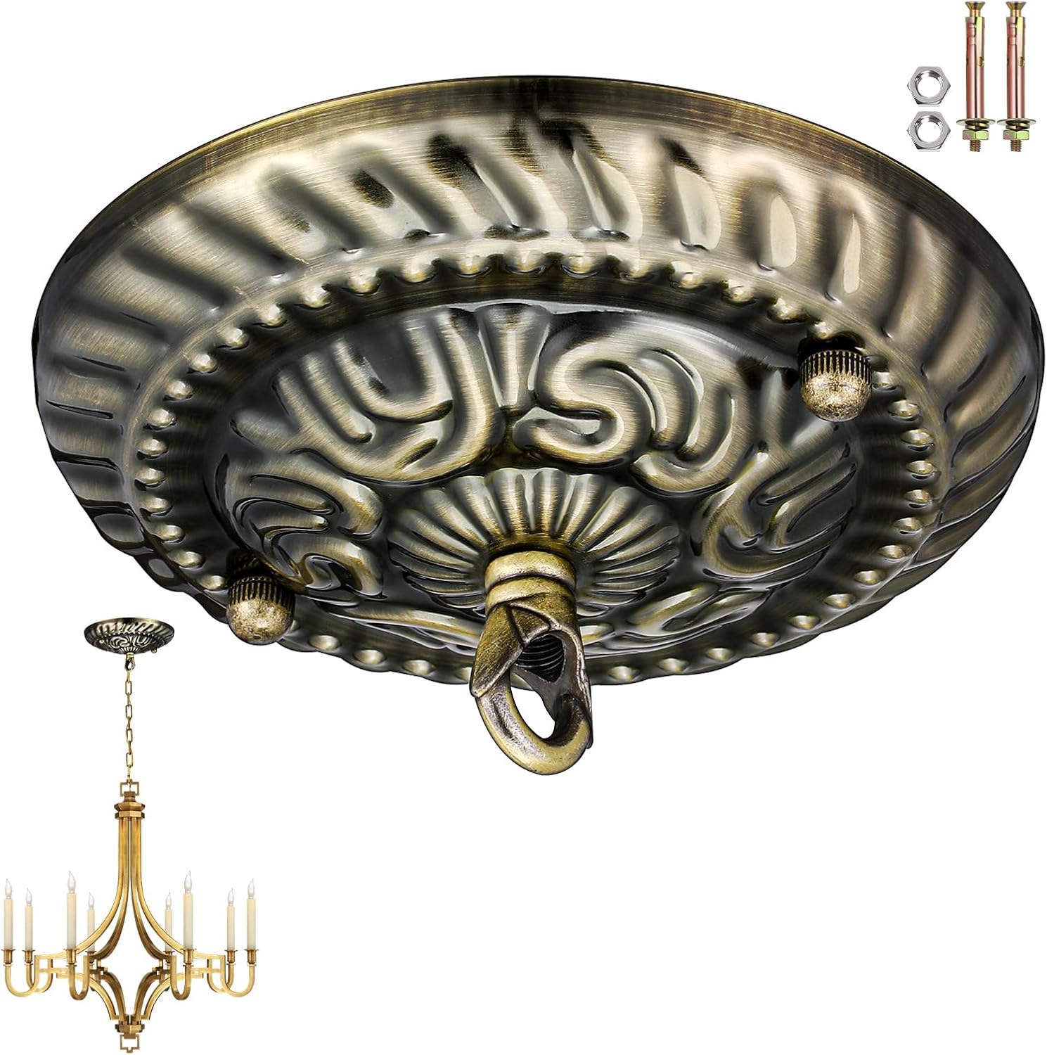 Homoyoyo Chandelier Canopy with Hook:Vintage Chandelier Ceiling Plate with Retro Pendant Light Canopy Decorative Kit for DIY Homeowners,Lighting Professionals for Pendant Satin Brass Easy Installatio