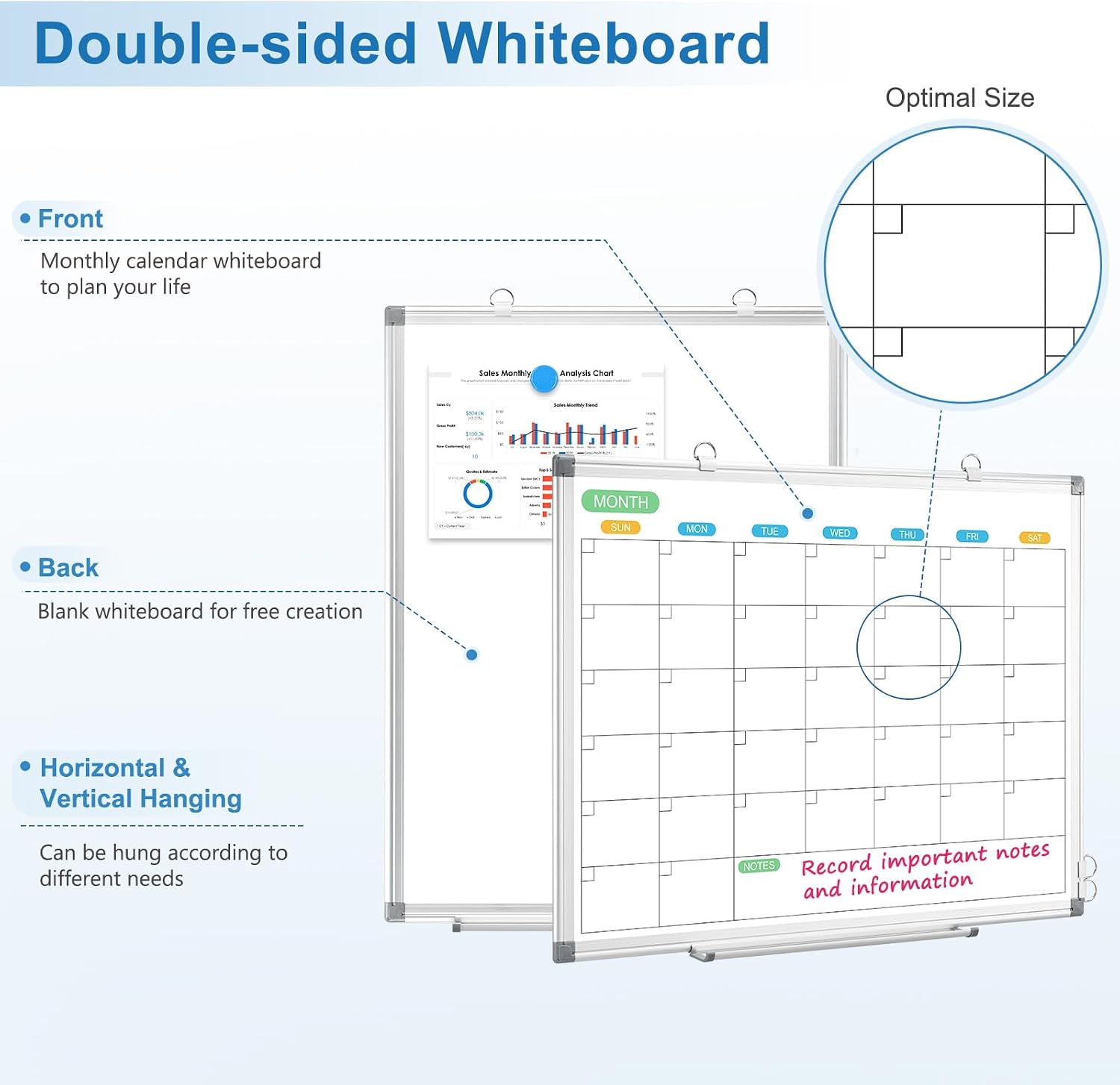 Monthly Dry Erase Calendar 24x18 Whiteboard Double-Sided Magnetic Wall image 3