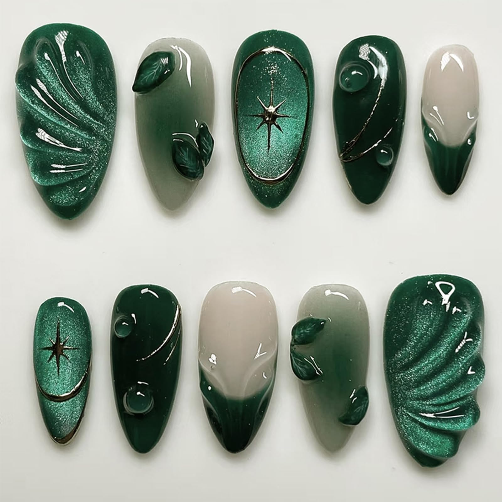3D Press on Nails Medium Almond Fake Nails Green Water Droplet Leaves Designs French Tip Glue on Nails Glossy Full Cover Acrylic Nails Almond Nails