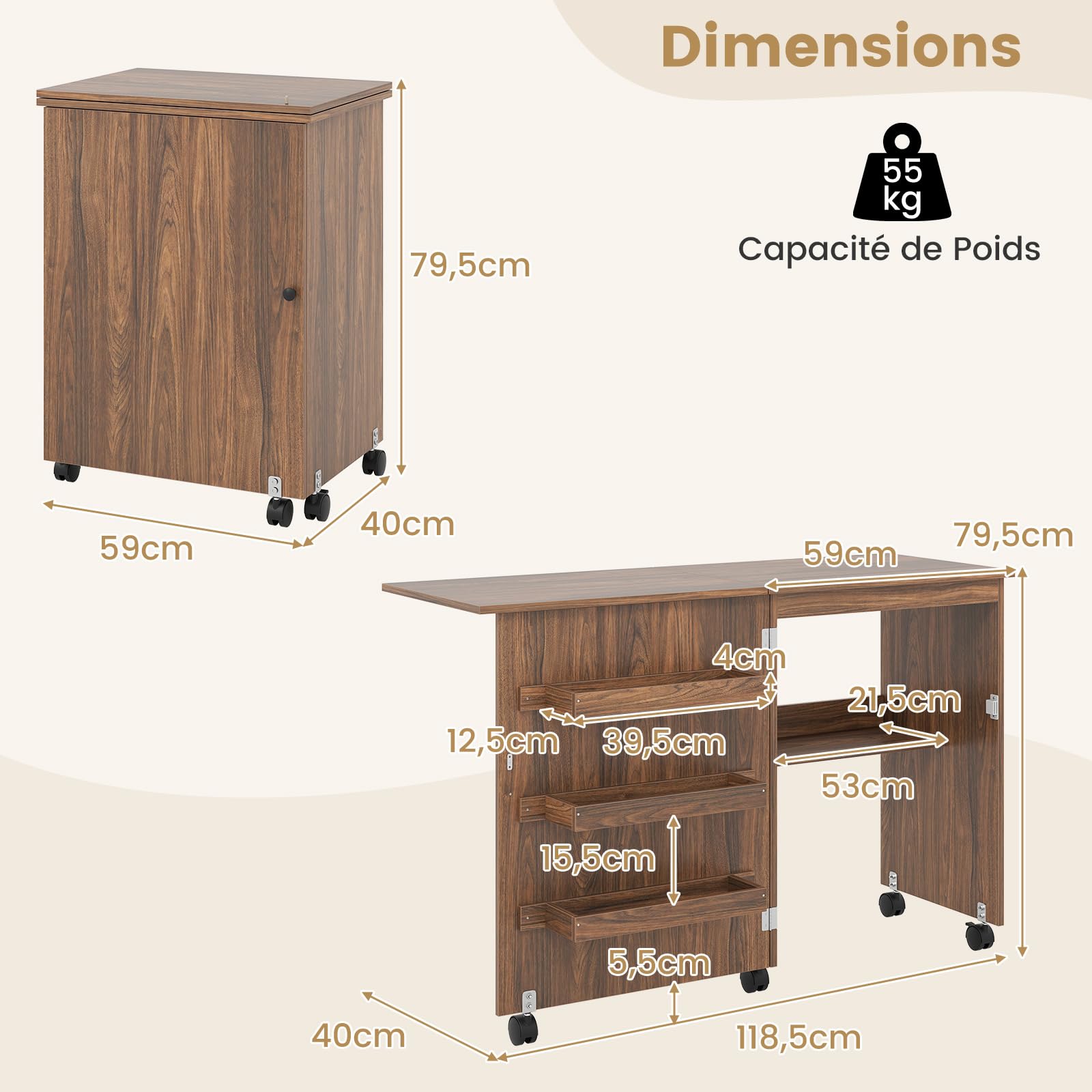 COSTWAY Armoire pour Machine à Coudre Pliante, Table de Couture avec 3 Etagères pour Bobines et roulettes verrouillables en Bois (Brun)