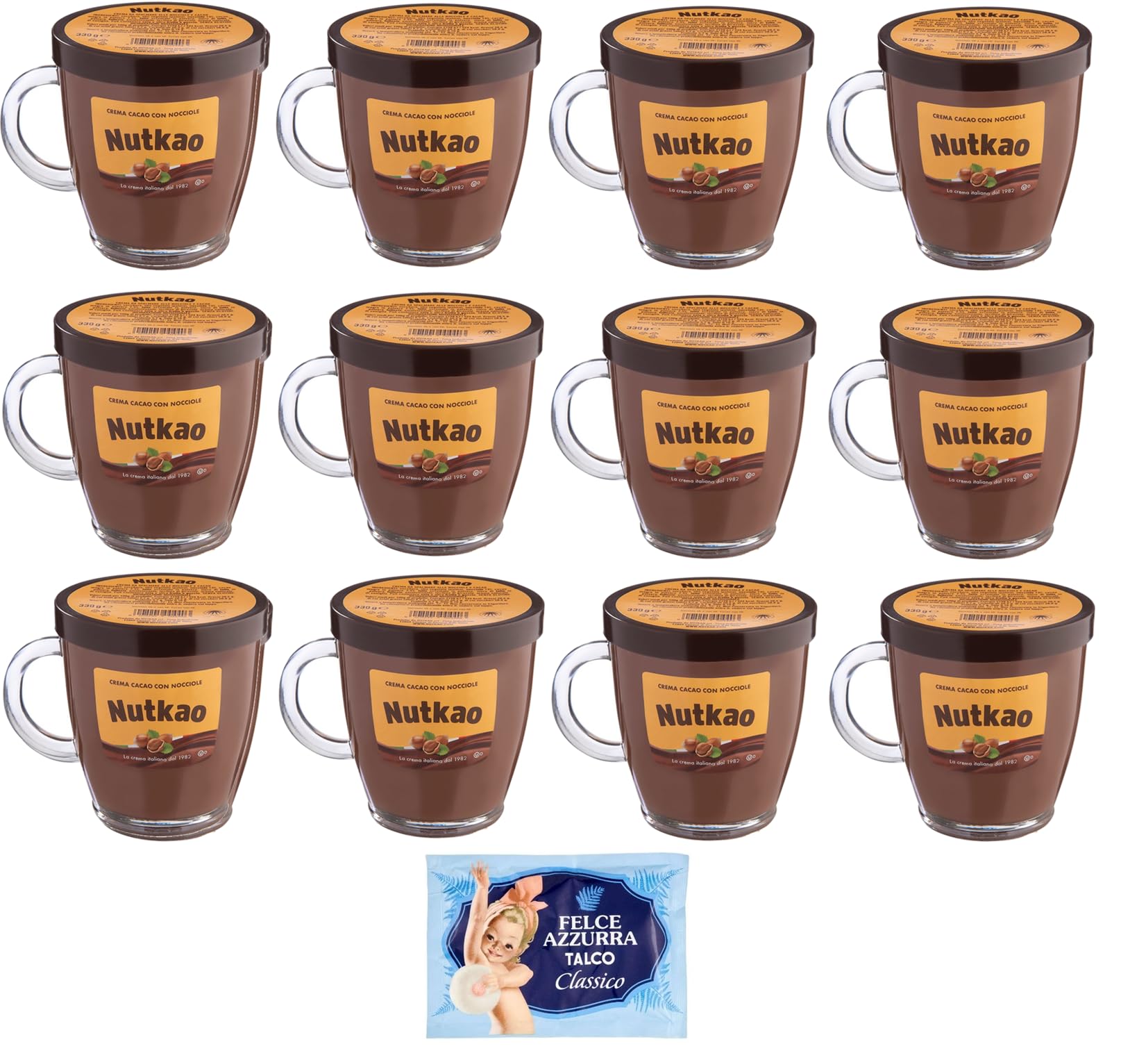 12er-Pack Nutkao Crema Cacao con Nocciole,Streichfähige Creme Kakao mit Haselnüssen,Italienische Creme, 330g-Glas + 1er-Pack Kostenlos Felce Azzurra Talkumpuder, 100g-Beutel