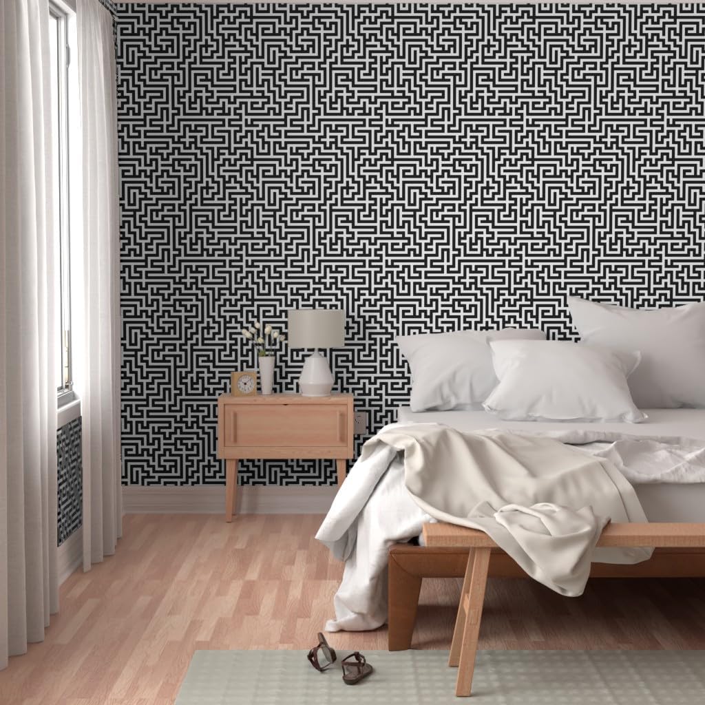 Peel & Stick Wallpaper 12ft x 2ft - Black White Maze Puzzle Geometric Monochrome Modern Custom Removable Wallpaper by Spoonflower