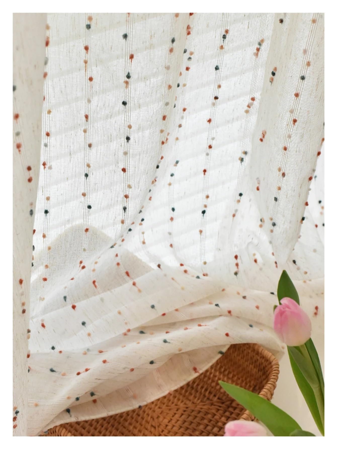 Tende Arricciate Tende in Lino a Pois Arcobaleno Tende for camerette for Bambini Tende in Garza Carine in Filato di Lino retrò(Stick,1pc W132xL213 cm)
