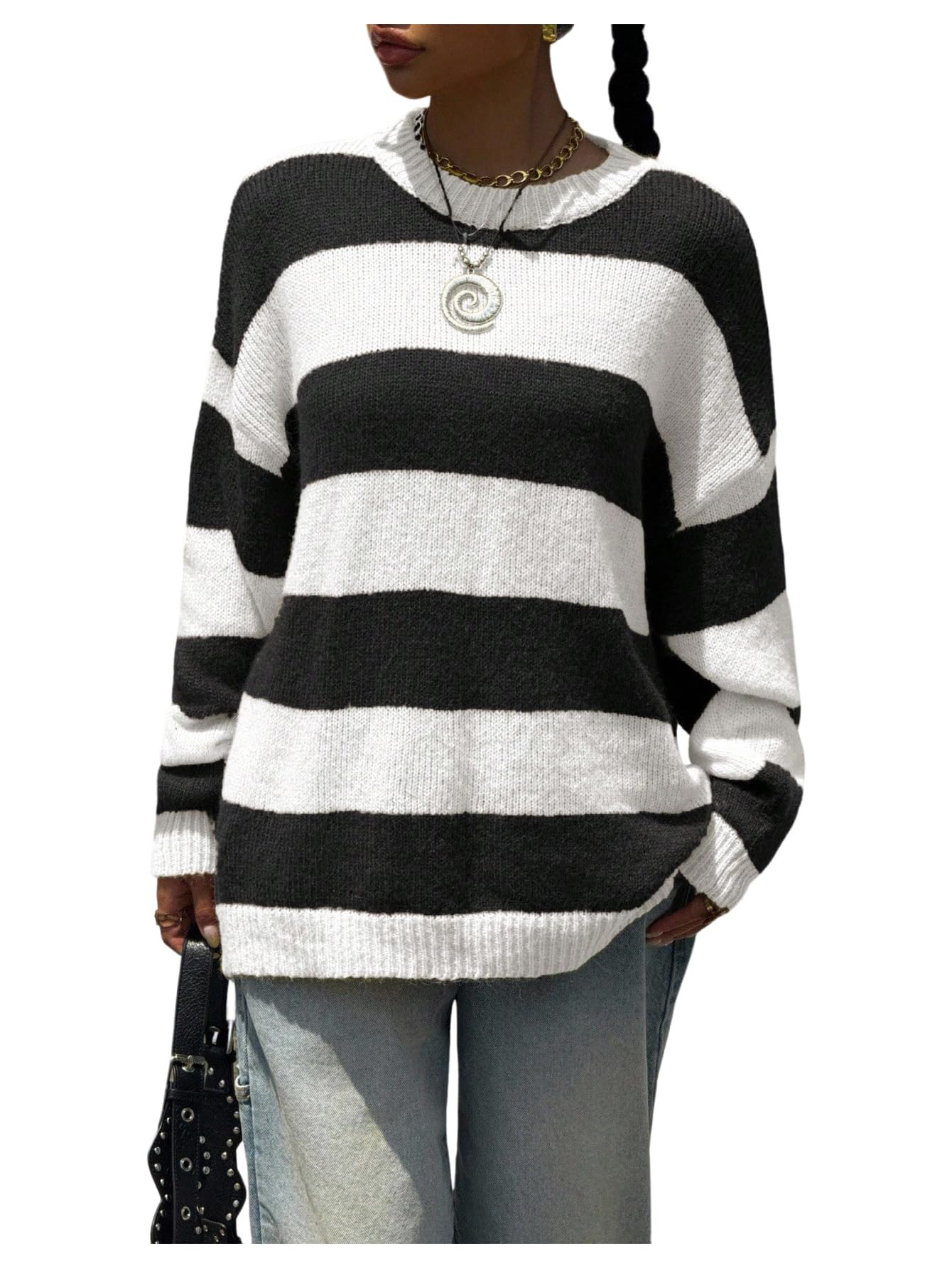 MakeMeChic Womens Y2K Fall Striped Sweater Color Block Crew Neck Long Sleeve Pullover Tops