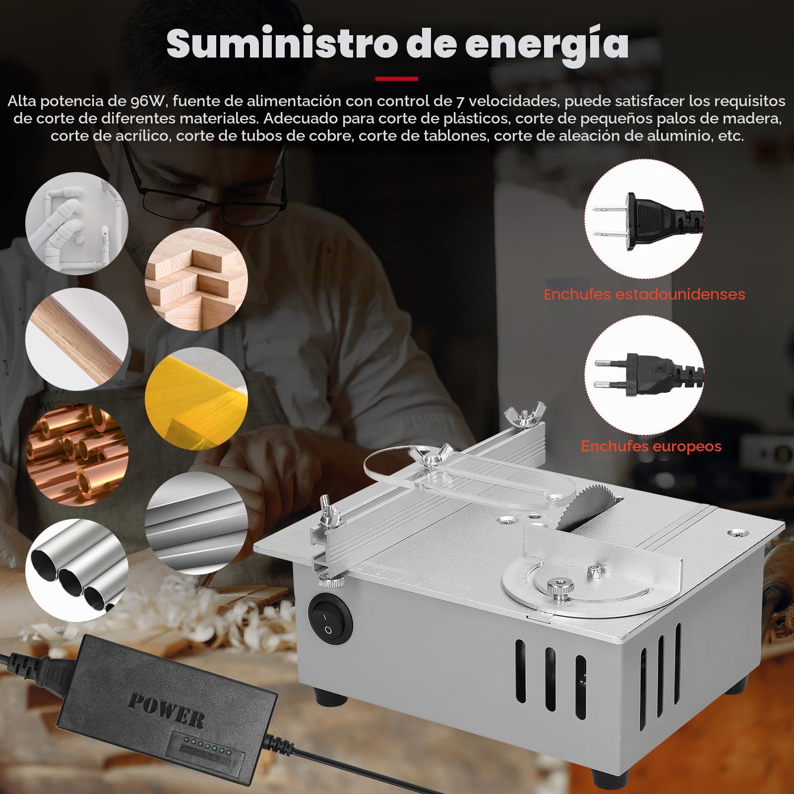 Sierra de mesa multifuncional, sierras eléctricas de escritorio de 96W, hoja de sierra pequeña para el hogar, herramienta de corte ajustable en altura, máquina de carpintería