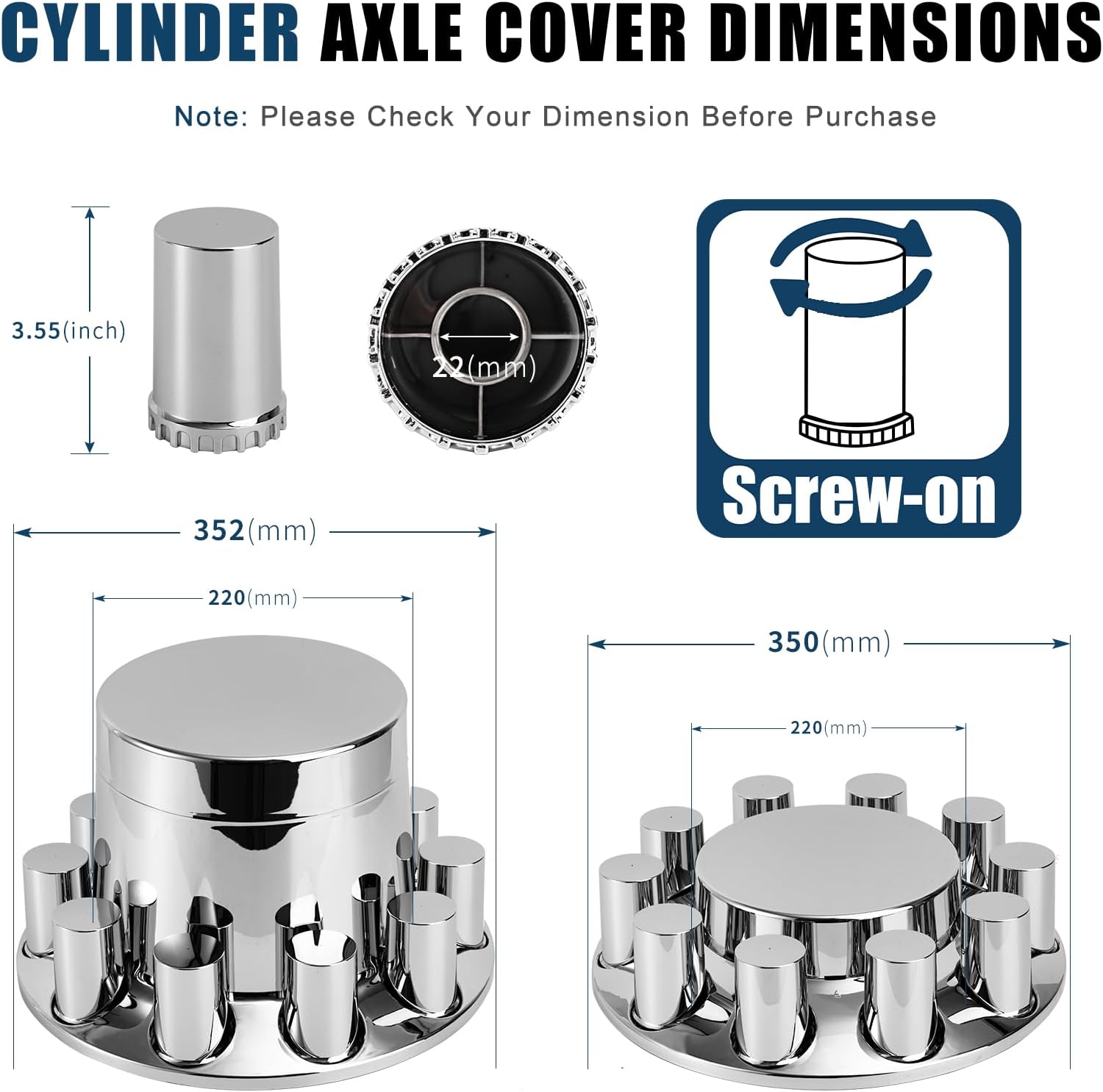 Cylinder Wheel Covers for Semi Trucks - 2 Front and 4 Rear Axle Hub Covers with 33mm Thread-On Chrome Lug Nut Covers for Semi Truck