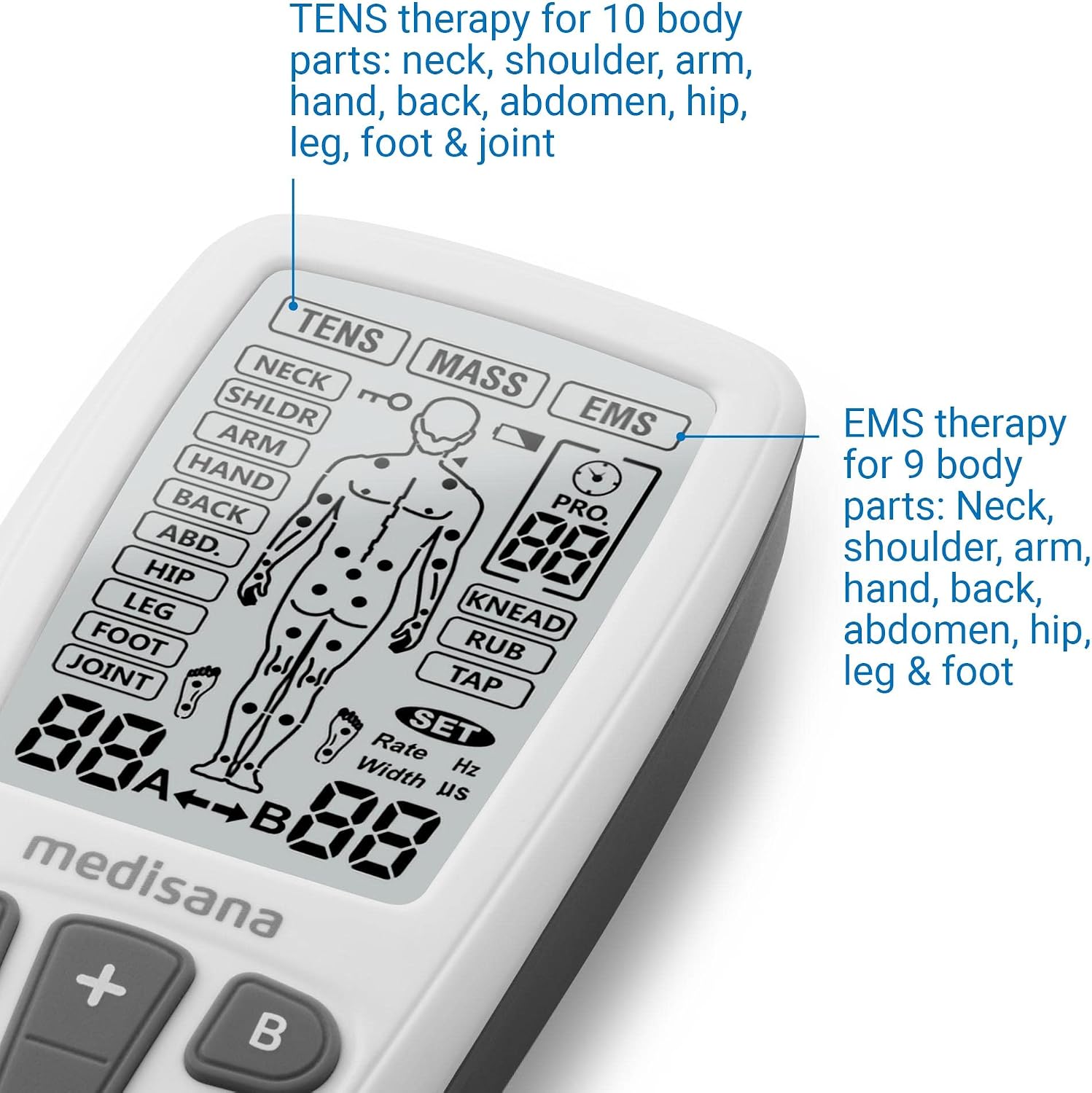 Medisana TT 200 display showing TENS and EMS therapy areas