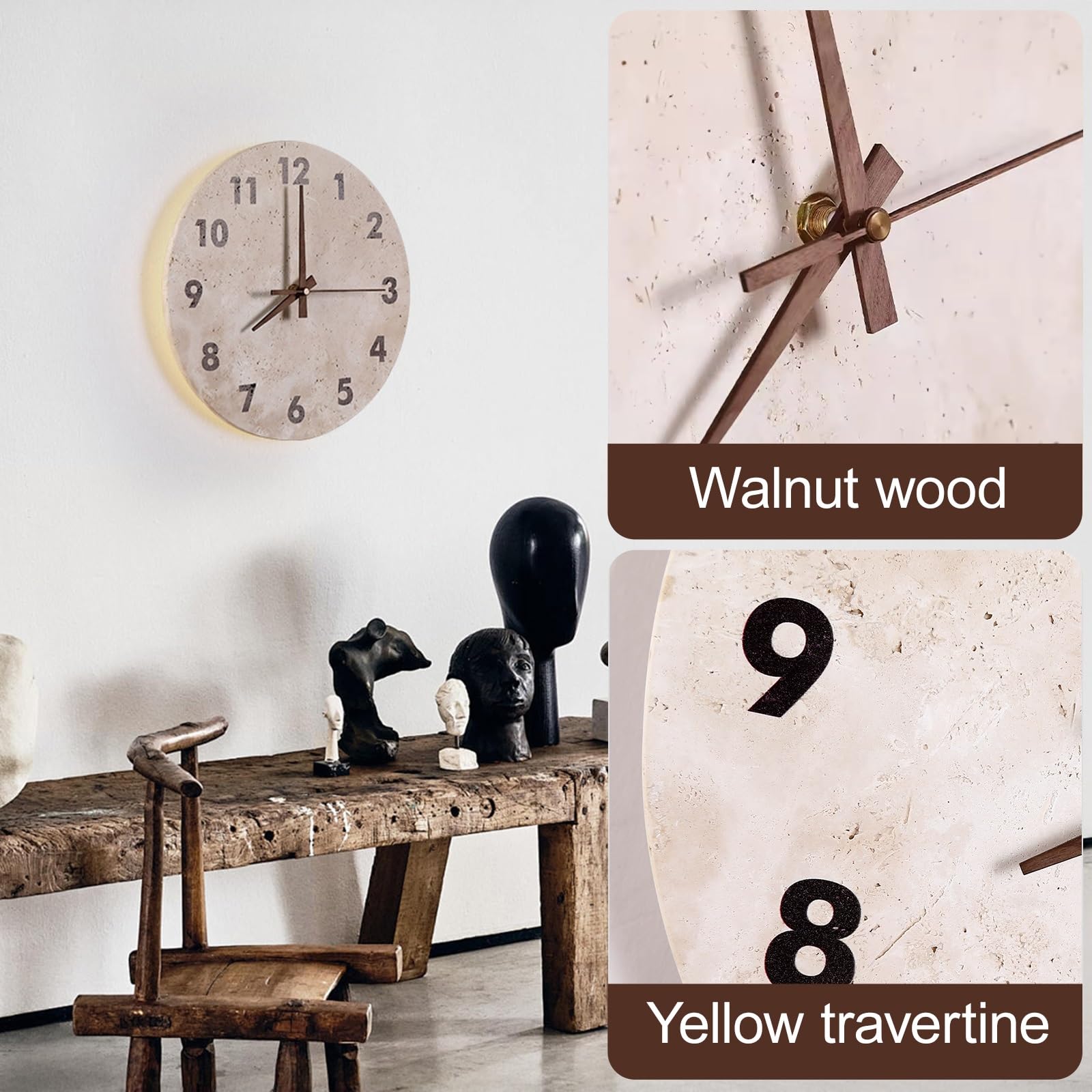 Applique Murale Ronde en Pierre, Horloge en travertin Naturel, 30 cm (12 Pouces) avec rétroéclairage LED et Aiguilles silencieuses en Noyer, Horloge décorative pour la Maison ou Le