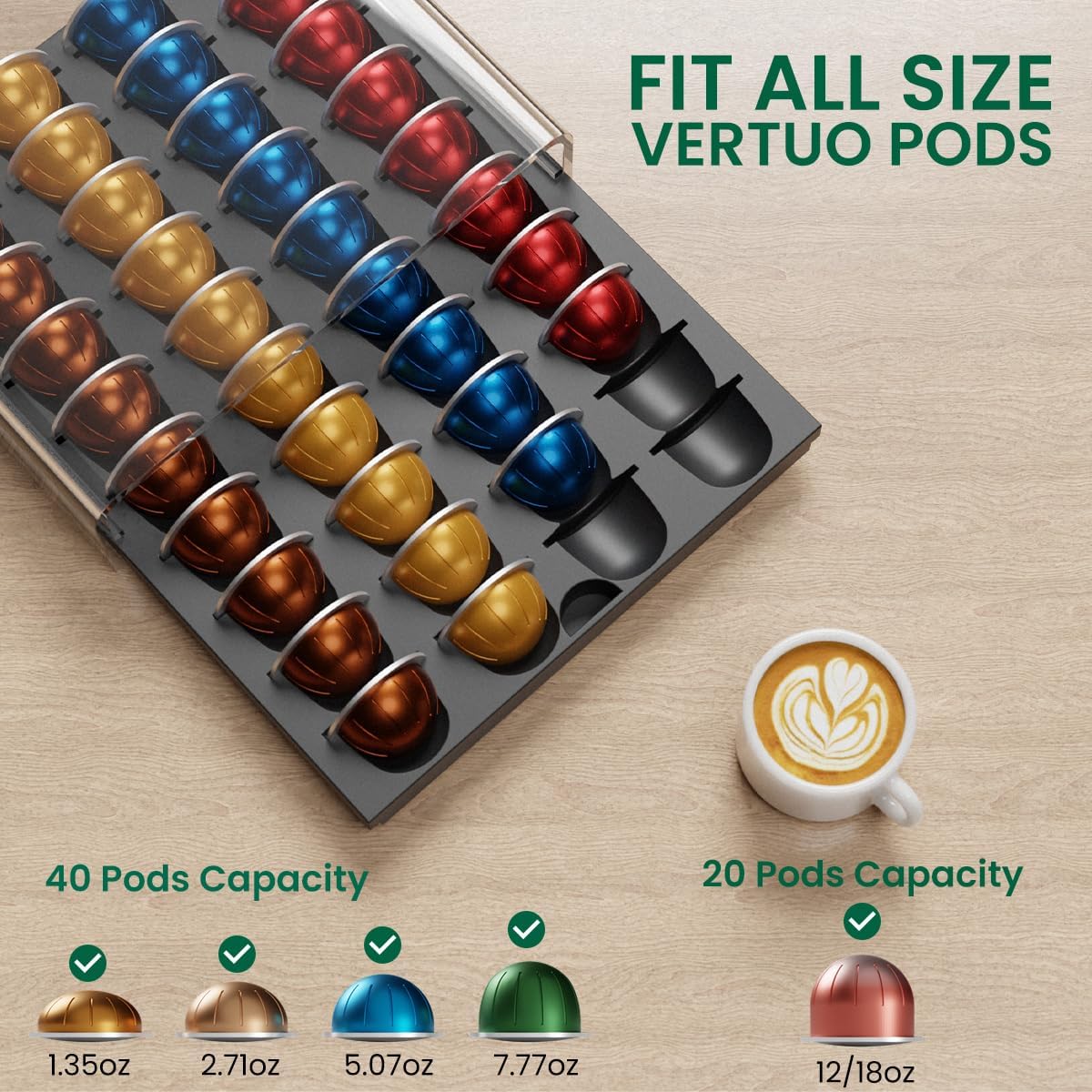 Coffee Pods Storage for Nespresso Vertuo Capsules Organizer, with Arcylic Top & Plastic Drawer, Holds 40 Pods