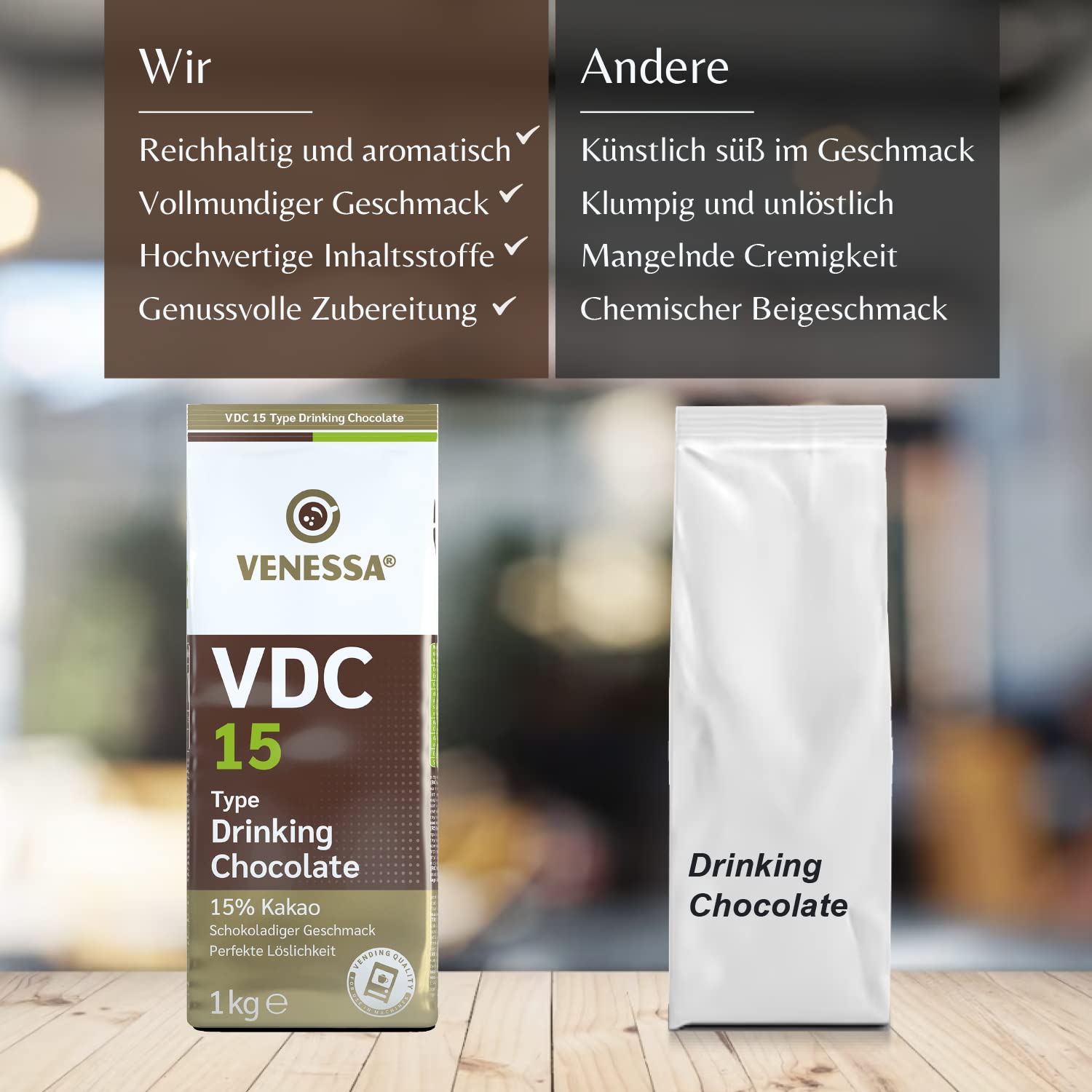 VENESSA VDC 15 Trinkschokolade 10 x 1kg, mit 15% Premium Kakao und Milchanteil für Vending-Automaten, leicht süß, cremig