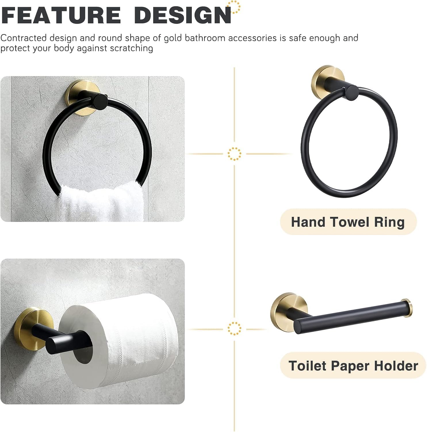 Bathroom Hardware Set 3 Piece Black&Gold Wall Mounted Stainless Steel Hardware Towel Bar Set Gold Bathroom Accessories Towel Rack Set Kit Includes 2 Hand Towel Ring, Toilet Paper Holder
