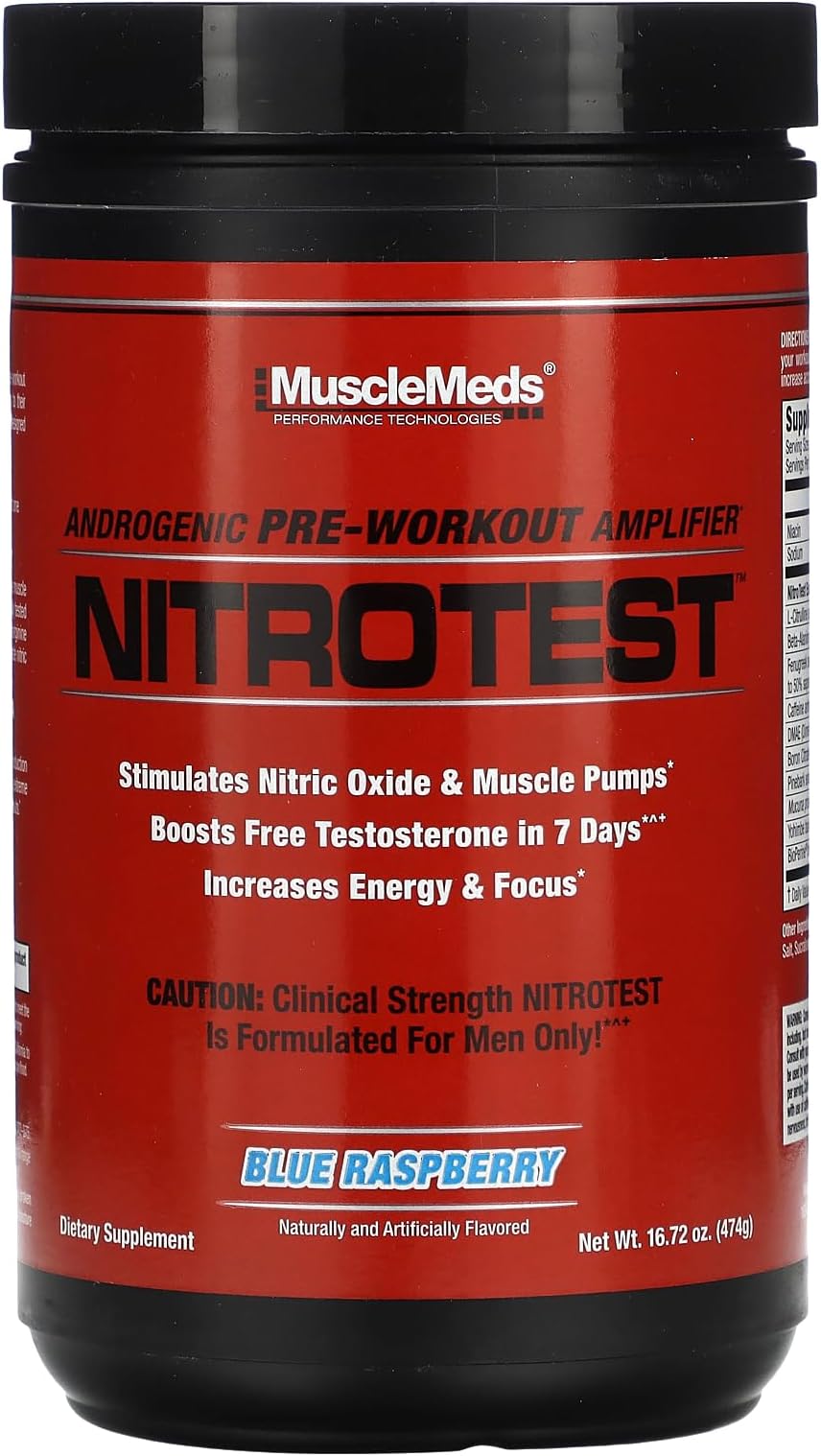 Nitrotest Pre-Workout Supplement Drink, Boost Nitric Oxide, Testosterone, Blue Raspberry, 30 Serving, 1.04 Pound, 1 Count