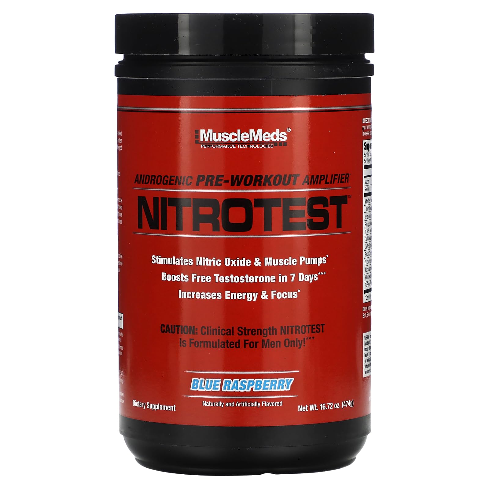 Nitrotest Pre-Workout Supplement Drink, Boost Nitric Oxide, Testosterone, Blue Raspberry, 30 Serving, 1.04 Pound, 1 Count