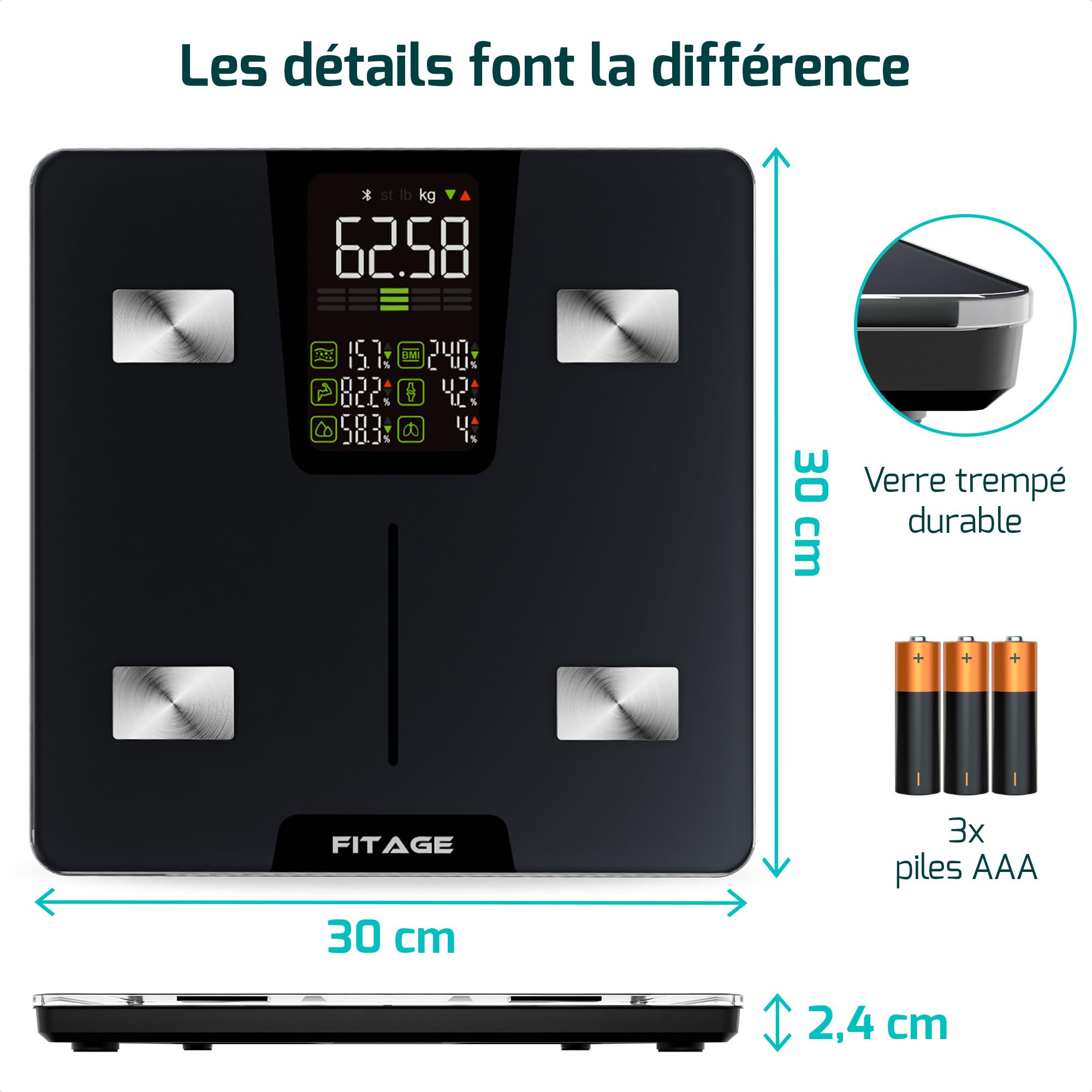 Balance Pese Personne Numérique, Balance Connectée, Pèse Personne fiable et précis, Graisse, Masse musculaire, IMC, poids, protéines, BMR et plus Balance Impédancemètre avec grand écran LED - Noir