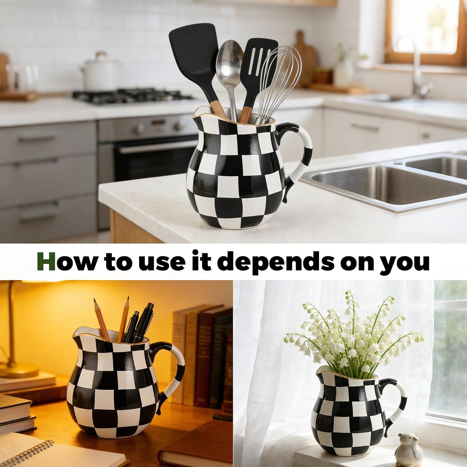 Black and White Checkered Home Decor Modern Checkered Vase for Flowers