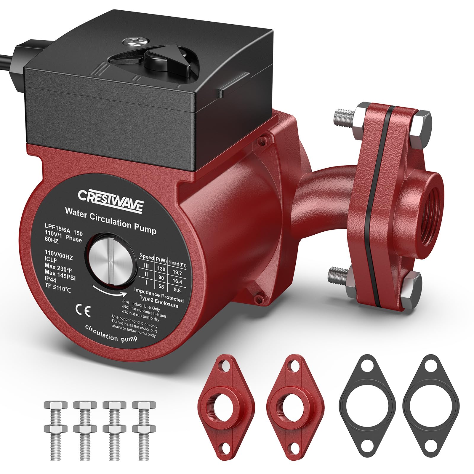 CrestWave 130W Hot Water Recirculating Pump with 3/4" FNPT Flanges &amp; Kit
