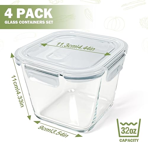 Miniatura 2 de Recipientes de sopa con tapas de vidrio de 32 onzas, 4 tazas de vidrio de borosilicato para almacenamiento de alimentos, tarros aptos para