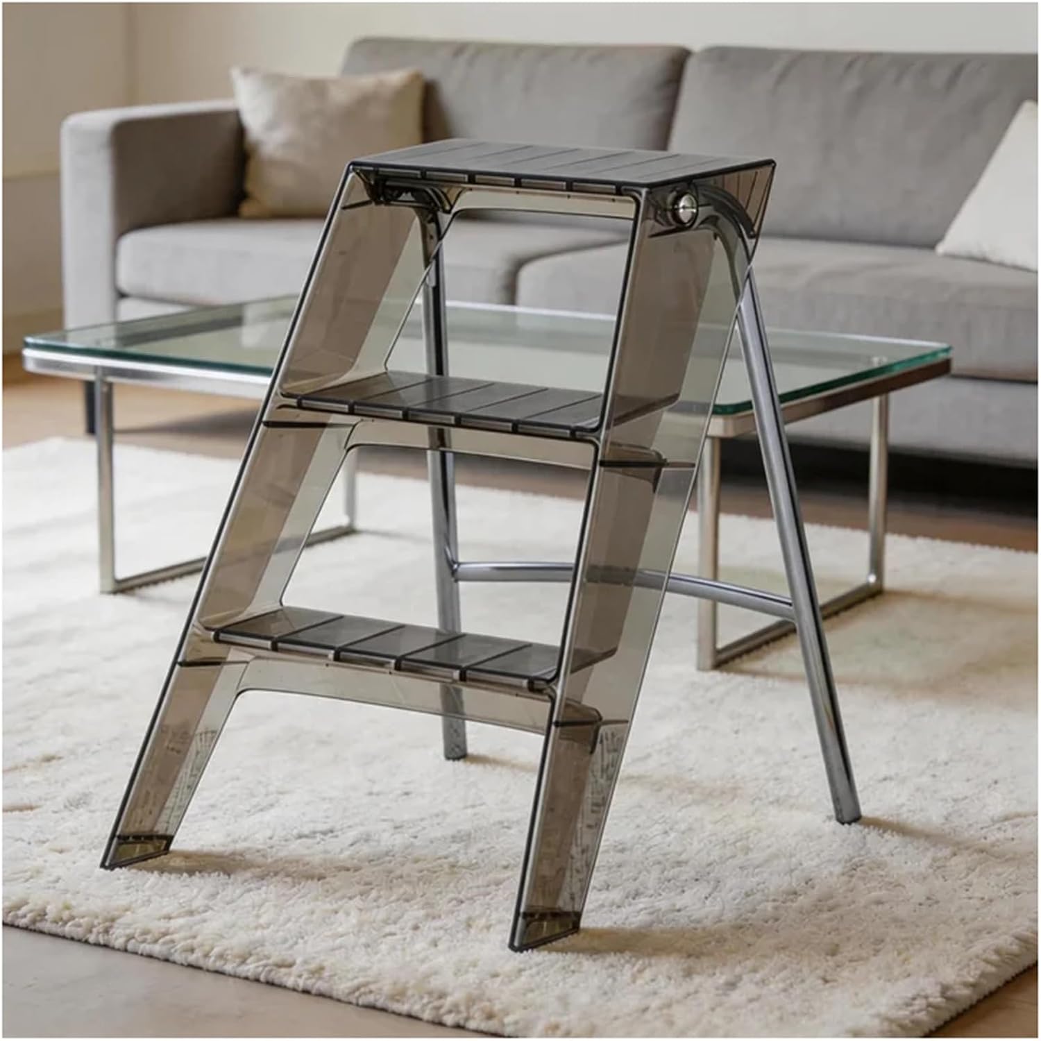Multifunctional Transparent Step Stool Foldable Acrylic 3-Step Folding Ladder Load 150kg Textured Steps Metal Frame with Antislip Foot Pads Modern Storage Rack Corner Table