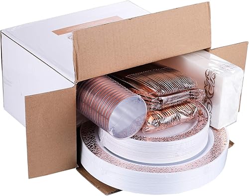 Miniatura 7 de FOCUSLINE Juego de vajilla de oro rosa de 175 piezas para 25 invitados, platos de plástico con diseño de borde de encaje de oro rosa, incluye 25