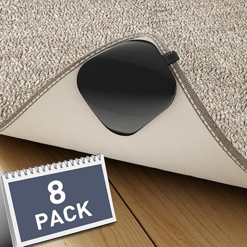 Rug Pad Gripper, Non Slip Grippers for Rug, Washable and Reusable Rug Tape Sticker, Anti Curling Carpet Tape for Area Rug, Dual Sided Adhesive Rug Stoppers for Hardwood Floors and Tile, 8 Pack