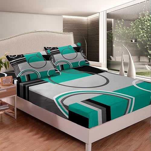 Vista 25 de Juego de sábanas modernas de tamaño Queen, color amarillo, gris y negro, juego de sábanas geométricas a rayas para niños, niñas, niños y Multi 039