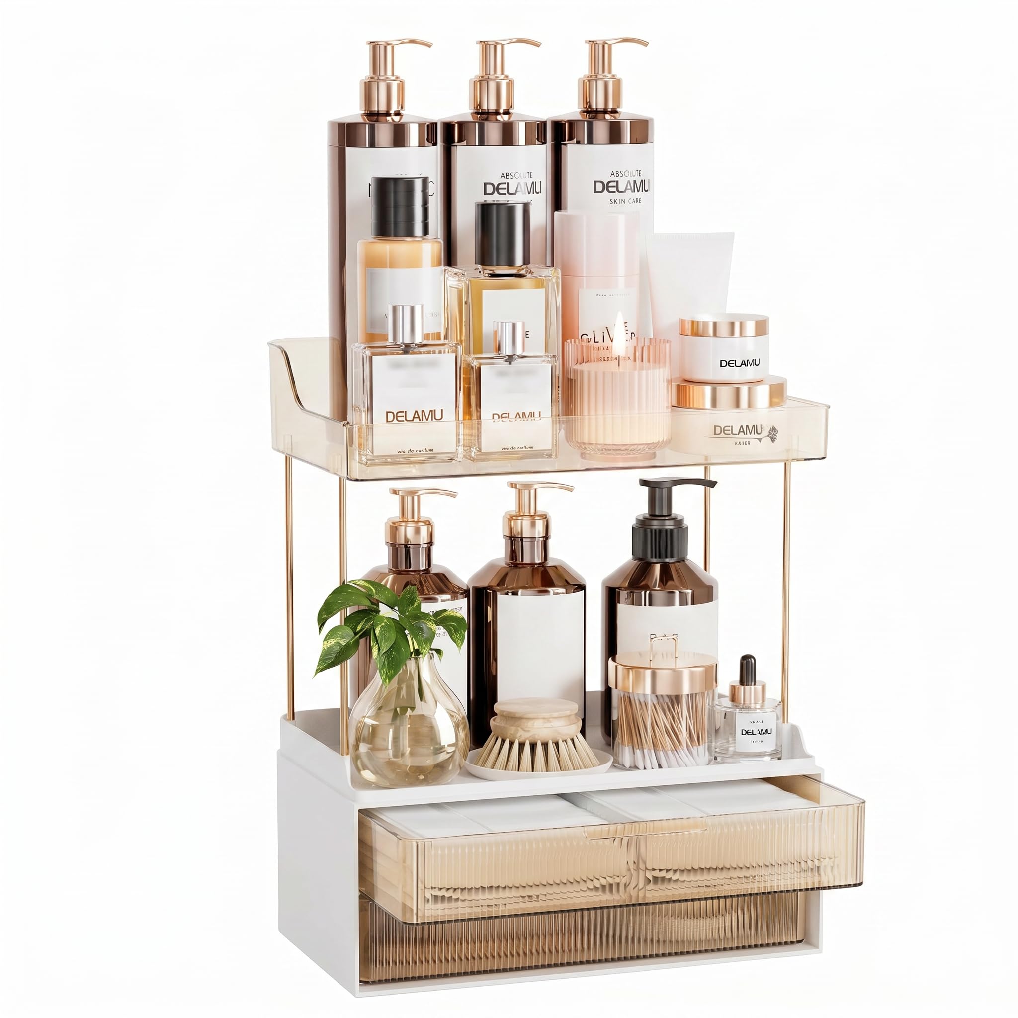 Delamu Makeup Organiser, 2 Tier 2 Drawer Large Cosmetic Storage, Multi-Purpose Vanity Organizer for Makeup Brushes, Skincare, Perfume, Bathroom Storage, Amber