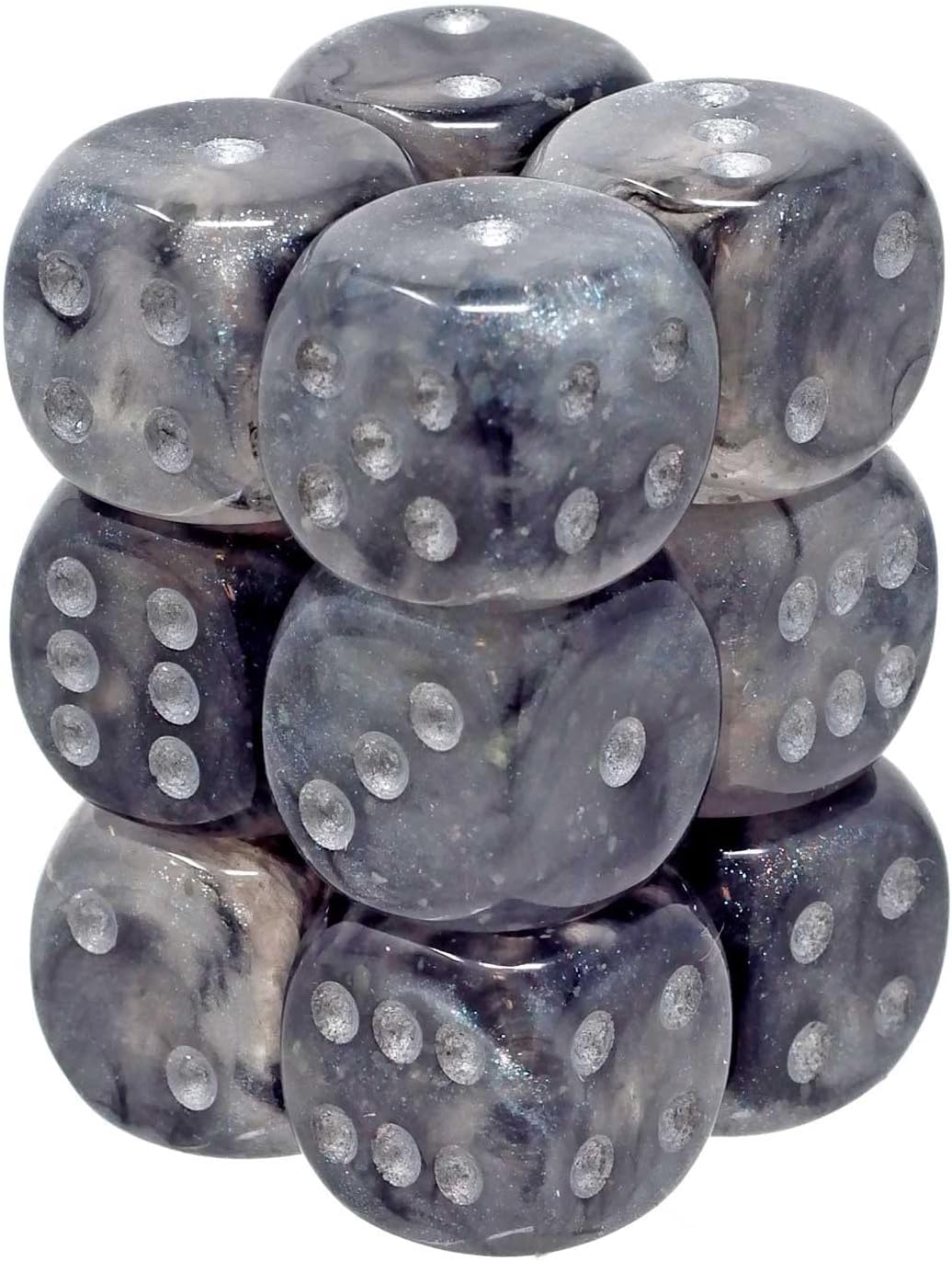 Chessex Borealis 16mm d6 Light Smoke/Silver Luminary Dice Block (12 dice) (27778), Grey