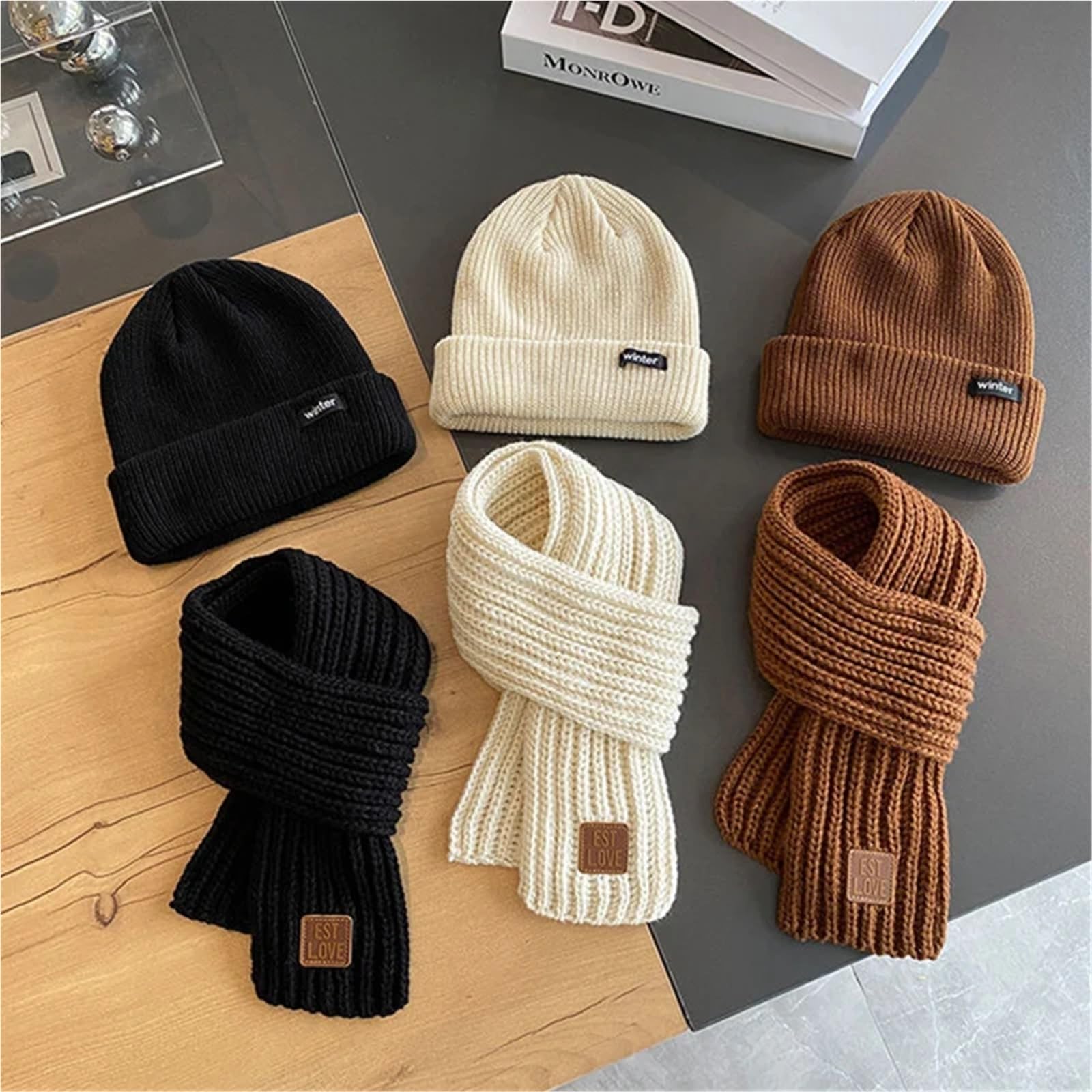 2 Sets Kids Hat and Scarf Combo - Autumn & Winter Windproof Knitted Hat and Bib, Baby Wool Hat for Boys and Girls(Beige)