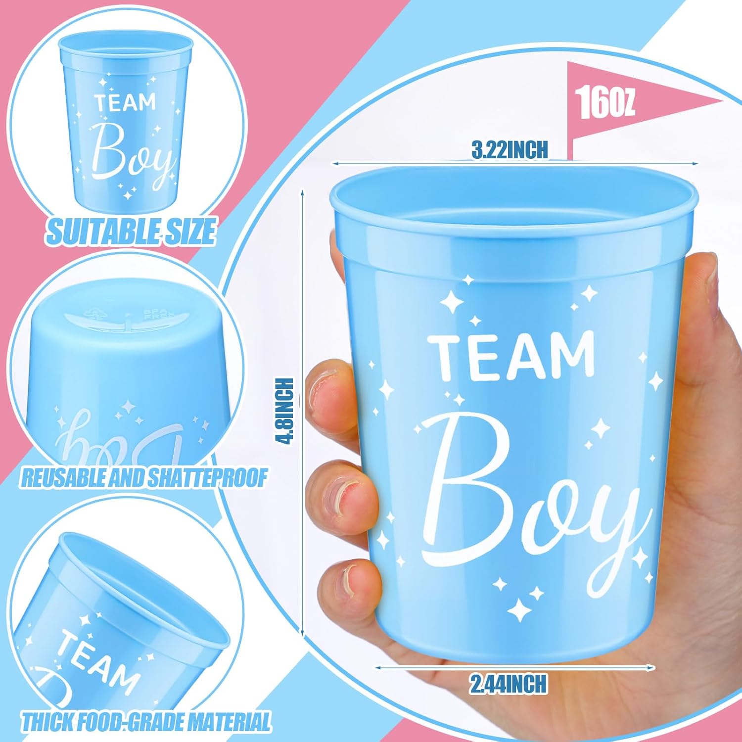 Pickmesh 48 Pcs 16oz Plastic Cups Bulk Reusable Gender Reveal Hero Volleyball Design Cups Pink Blue Colorful Drinking Tumbler for Sport Birthday Baby Shower Party Decoration(Gender Reveal)