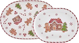Bico Traditional Christmas Gingerbread Man Ceramic 16 inch plus 12 inch Ceramic Oval Platter, Set of 2, for Serving Turkey, Steak, Salad, Microwave & Dishwasher Safe