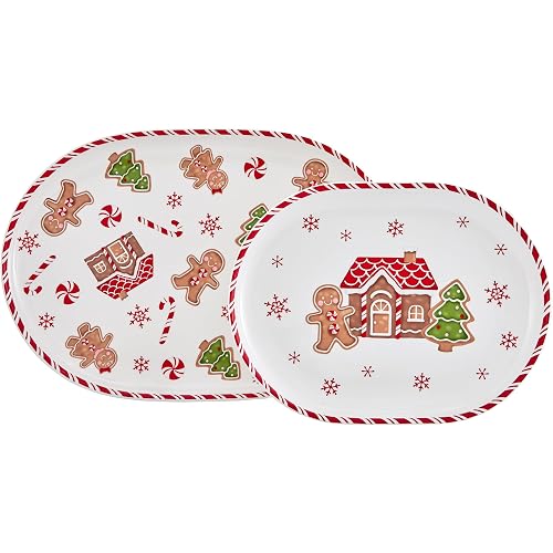 Bico Traditional Christmas Gingerbread Man Ceramic 16 inch plus 12 inch Ceramic Oval Platter, Set of 2, for Serving Turkey, Steak, Salad, Microwave & Dishwasher Safe