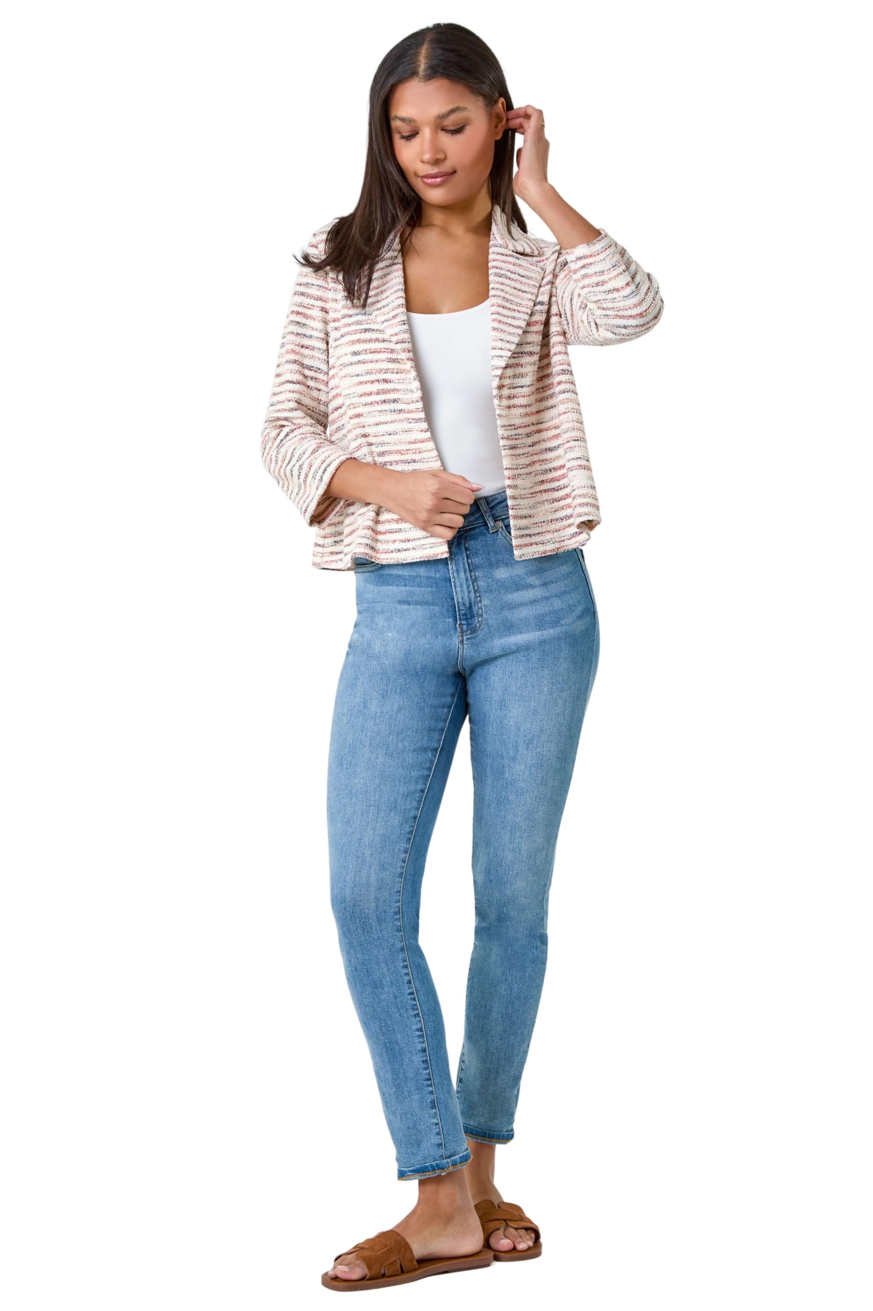Roman Originals Stripe Print Textured Cotton Blend Jacket for Women UK - Ladies Everyday Holiday Spring Summer Comfy Soft Evening Vacation Work Party - Rust - Size 18
