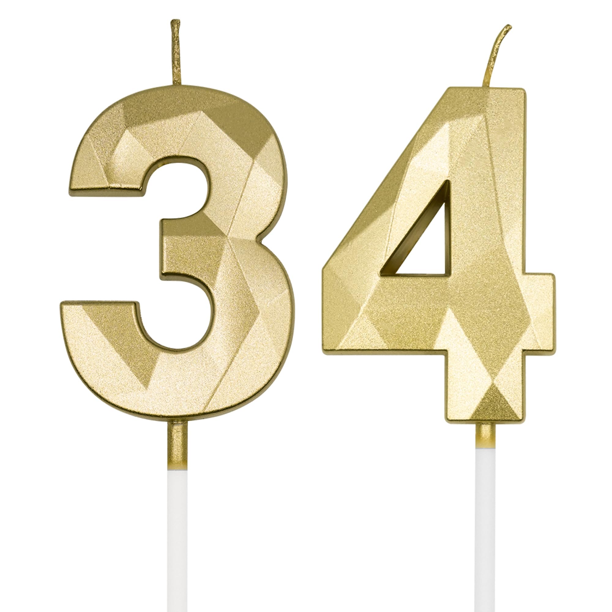 34. & 43. Geburtstag Kerzen für Kuchen, Gold Zahl 34 43 3D Diamantform Kerze Geburtstag Dekorationen Party Supplies für Frauen oder Männer