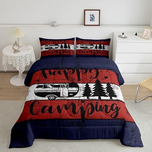 Happy Camping - Juego de edredón de 3 piezas, tamaño Queen, retro, azul, rojo, blanco, rayas de madera, para niños, adolescentes, adultos,