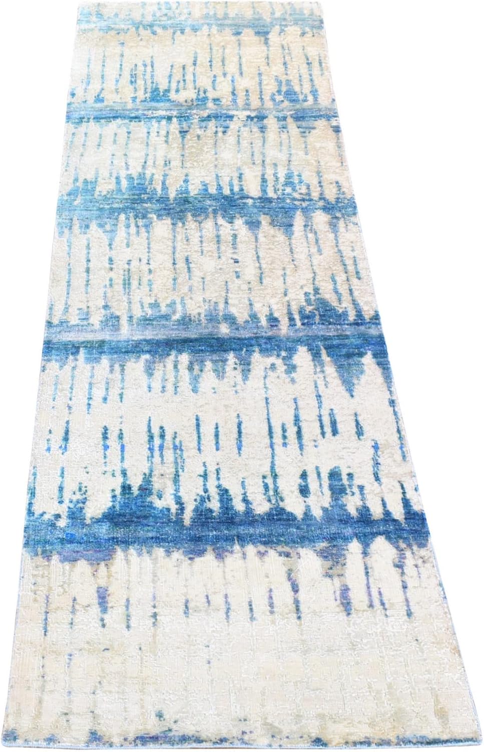 Ivory The Cardiac Design Sari Silk with Textured Wool Hand Knotted Wide Runner Oriental Rug (3'x10'1")
