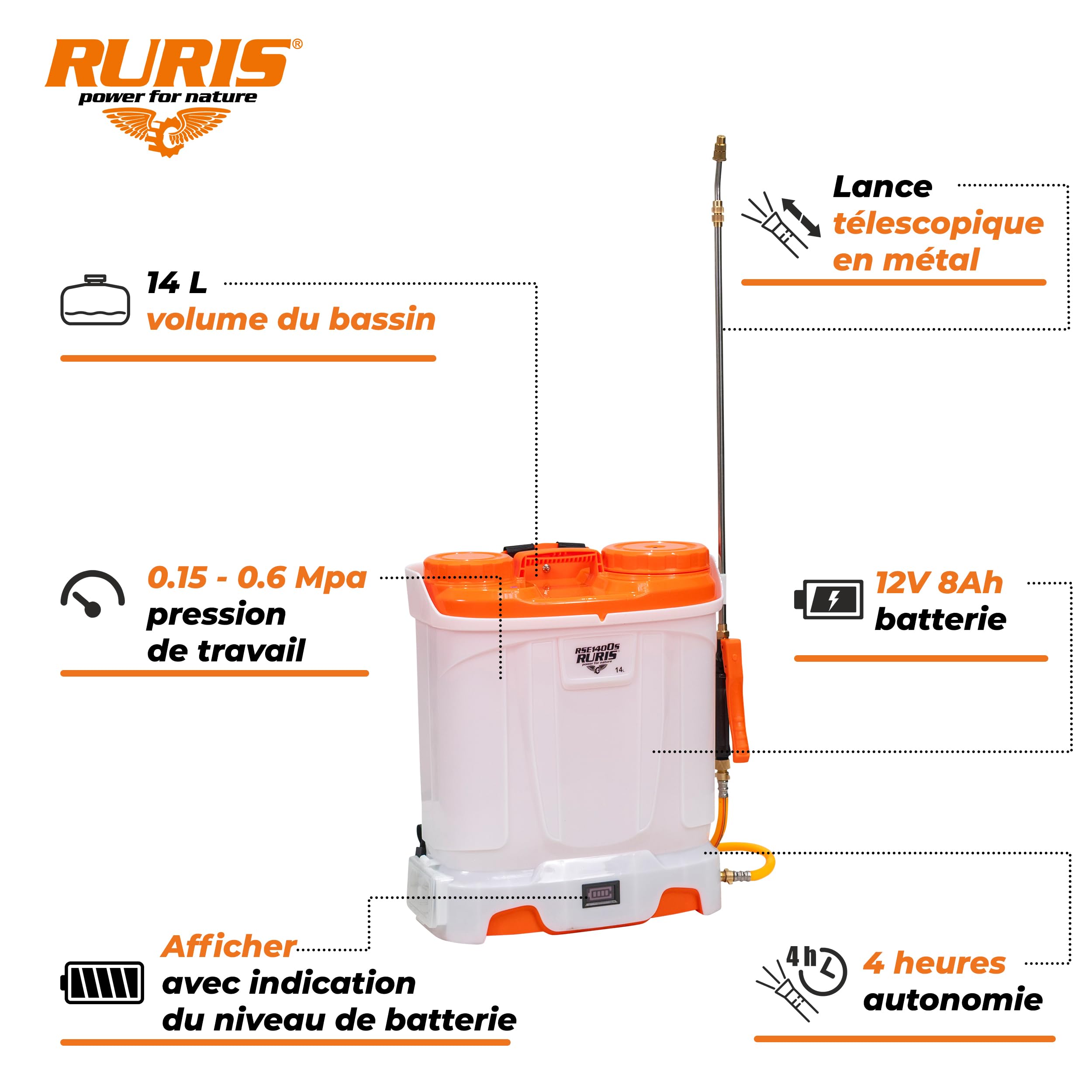 RURIS Pulvérisateur Électrique RSE 1400S – Réservoir 14L, Batterie 12V 8Ah, Lance Télescopique Métal, Pression 6 Bars, Fonction de Mélange Automatique, Accessoires Multiples