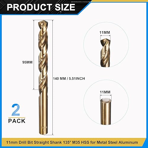 Miniatura 2 de PATIKIL Broca Jobber de 0.433 in, vástago recto M35 cobalto 5% acero de alta velocidad 135 acabado dorado para metal duro de acero inoxidable - 2