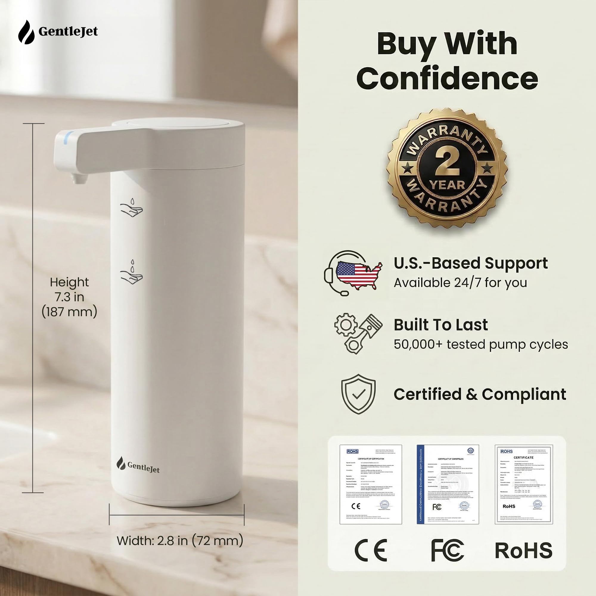 SmoothDrop Automatischer Seifenspender Berührungslose Flüssigkeit, USB-C Wiederaufladbar, 2-stufig verstellbarer Handseifenspender, 255.1 g, IPX5 Wasserdicht Edelstahl für Bad & Küche