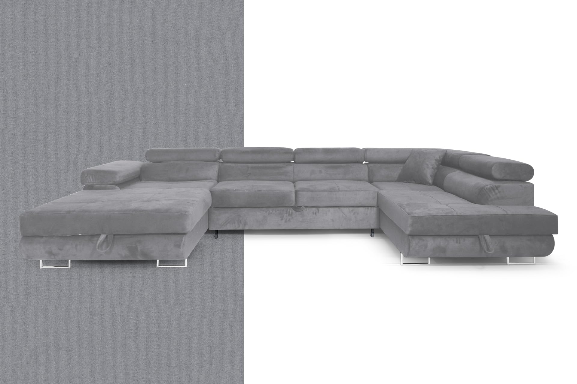 Sofa narożna Aller U XXL sofa narożna z funkcją spania i dwoma skrzyniami na pościel w kolorze szarym, prawa strona (jasnoszara)