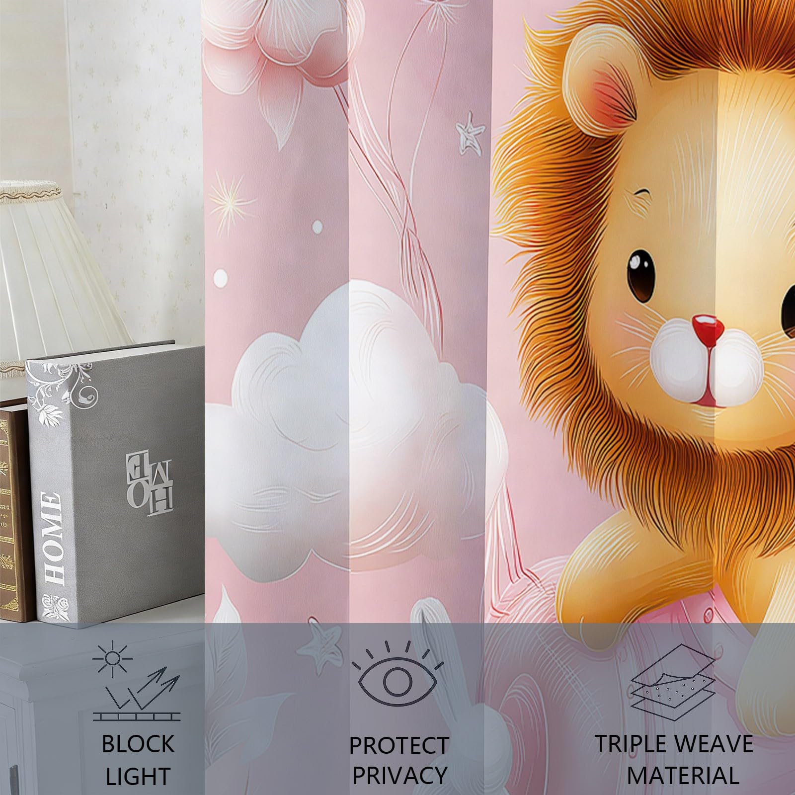 Rideau Occultant Thermique Isolant Anti, Style Continu Mignon Animaux Aéronef Rideaux Fenêtre Opaques à Oeillets Anti Froid UV Bruit, pour Pouponnière Chambre Bébé Chambre Fille 140L x 215H cm Rose