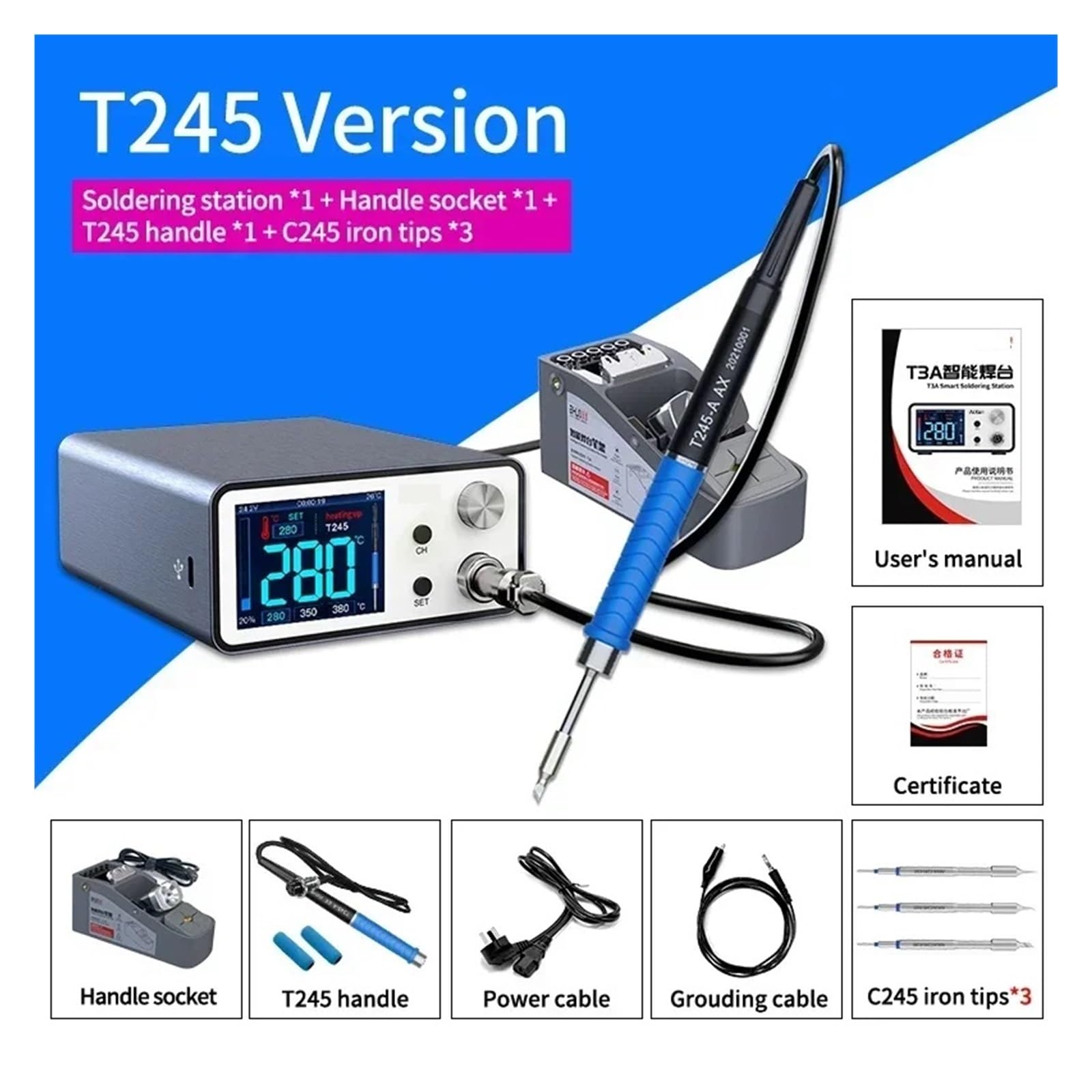 Stazione di saldatura, Stazione di saldatura intelligente T3A da 200 W, strumento riparazione professionale for maniglie T245 T12 936(T3A T245 Set A)